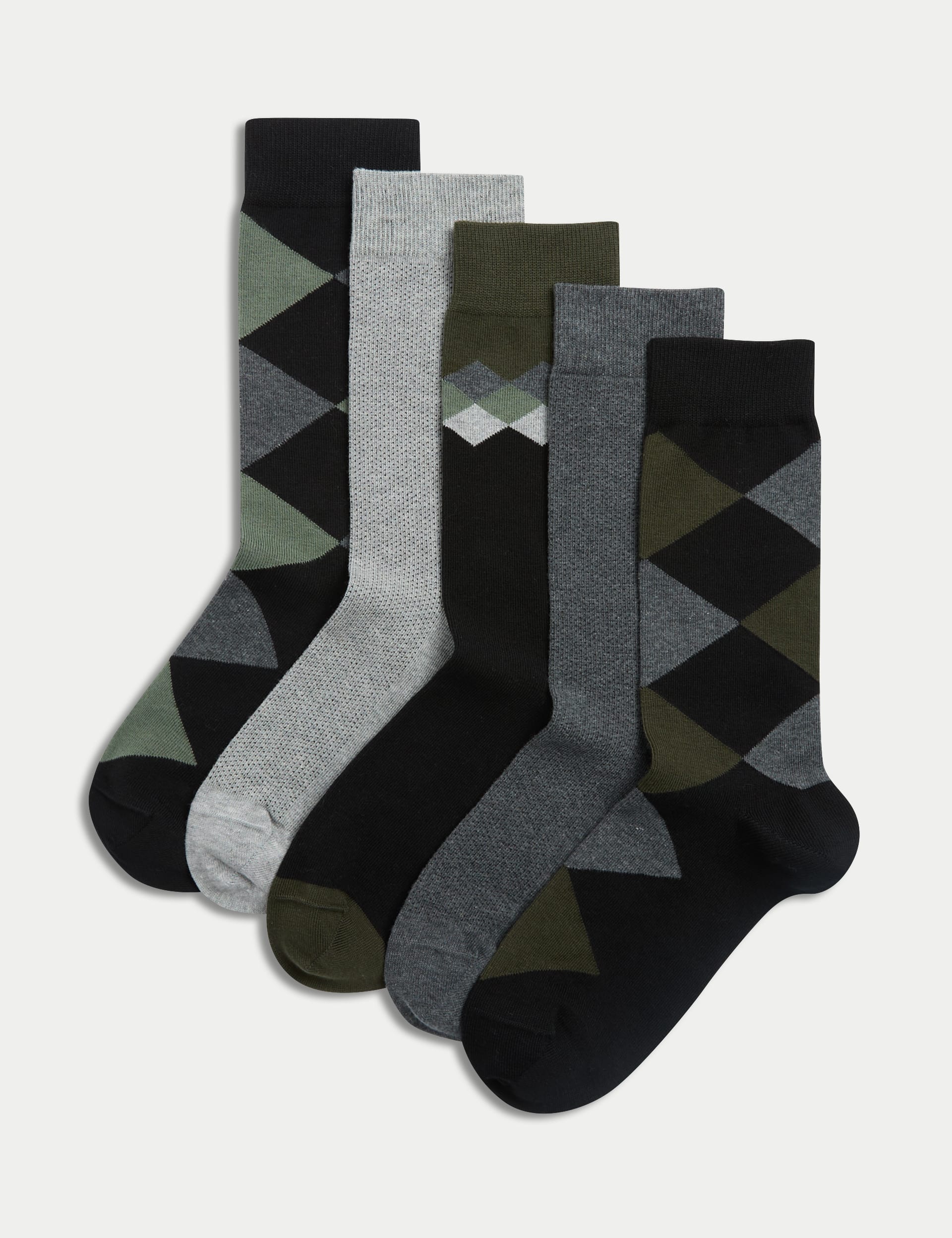 M&S Collection Men's 5pk Cool & Fresh Argyle Cotton Rich Socks - 9-12 - Green Mix, Green Mix