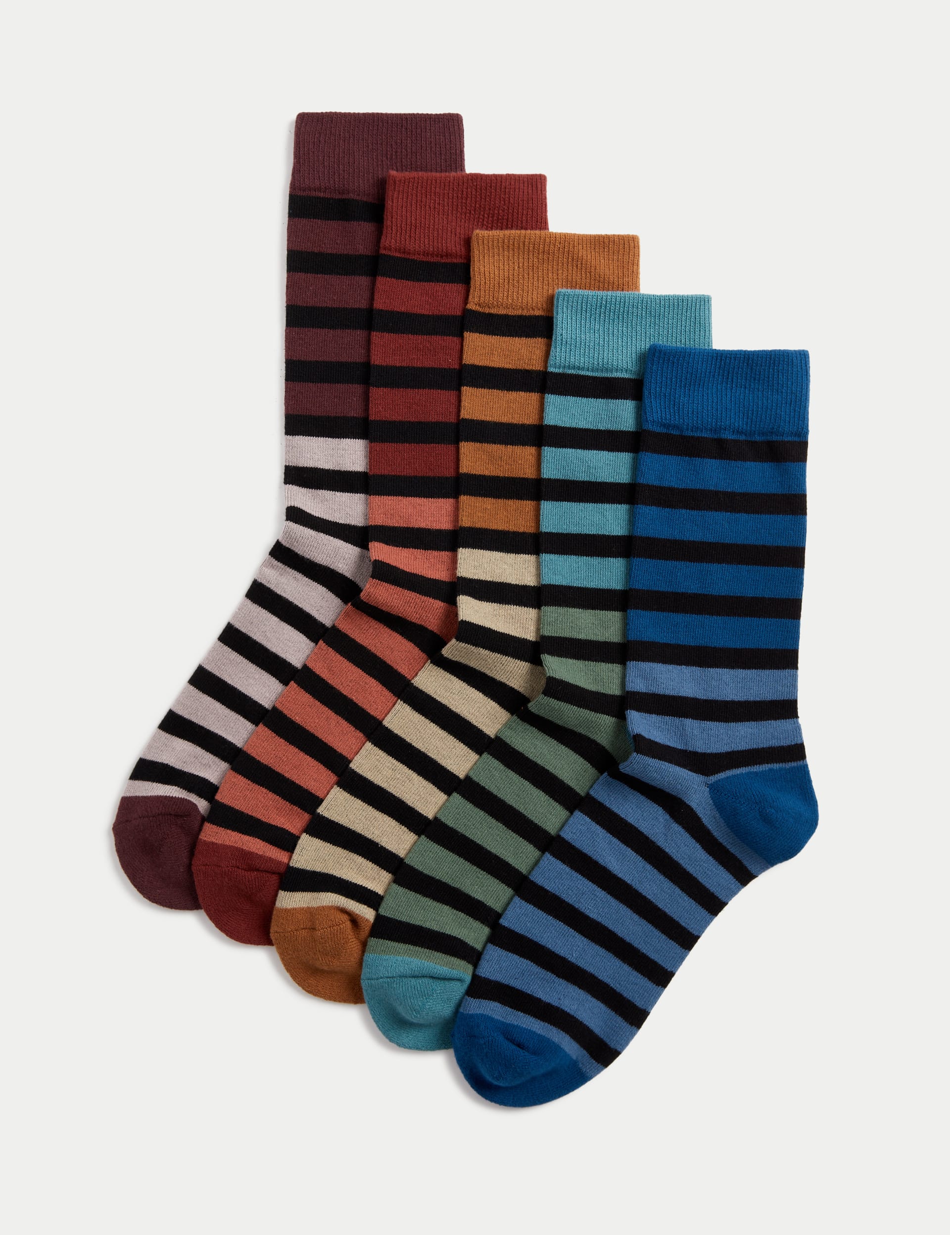 M&S Collection Men's 5pk Cool & Fresh Cotton Rich Striped Cushioned Socks - 9-12 - Multi, Multi