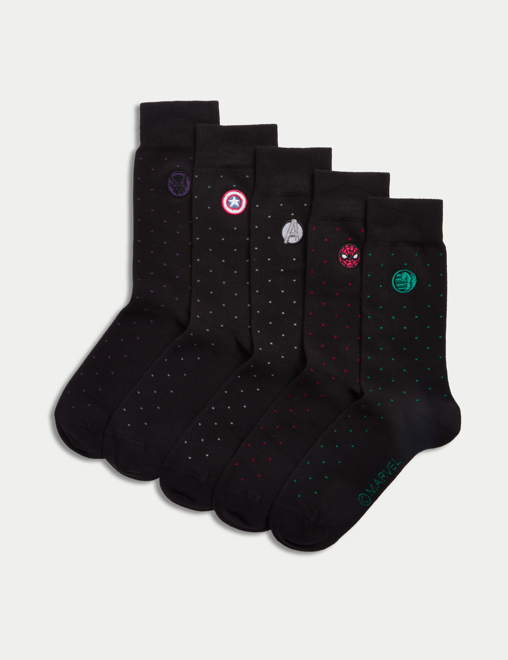 M&S Collection Men's 5pk Cotton Rich Avengers Socks - 9-12 - Black Mix, Black Mix