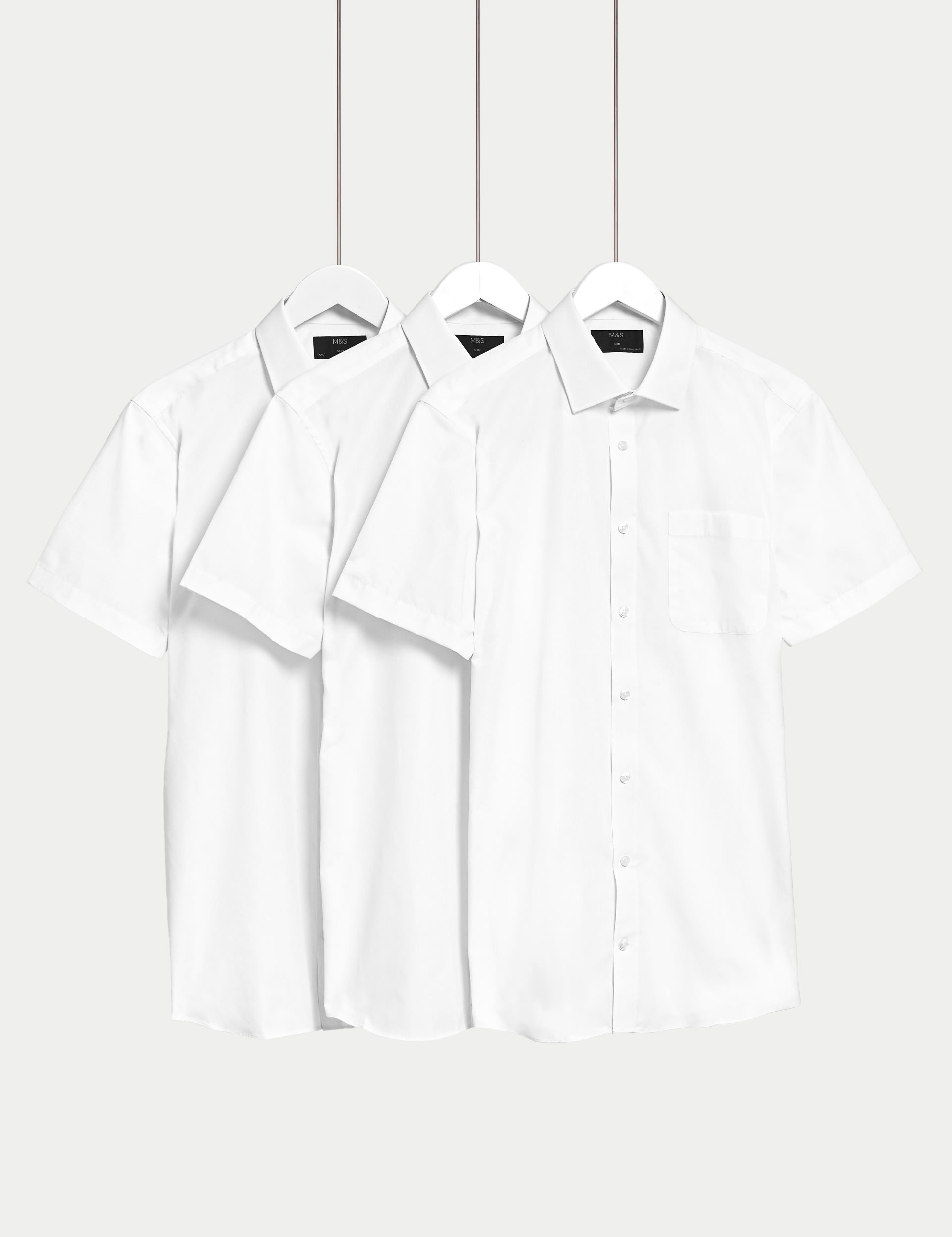 M&S Collection Men's 3pk Slim Fit Easy Iron Short Sleeve Shirts - 15.5 - White, White