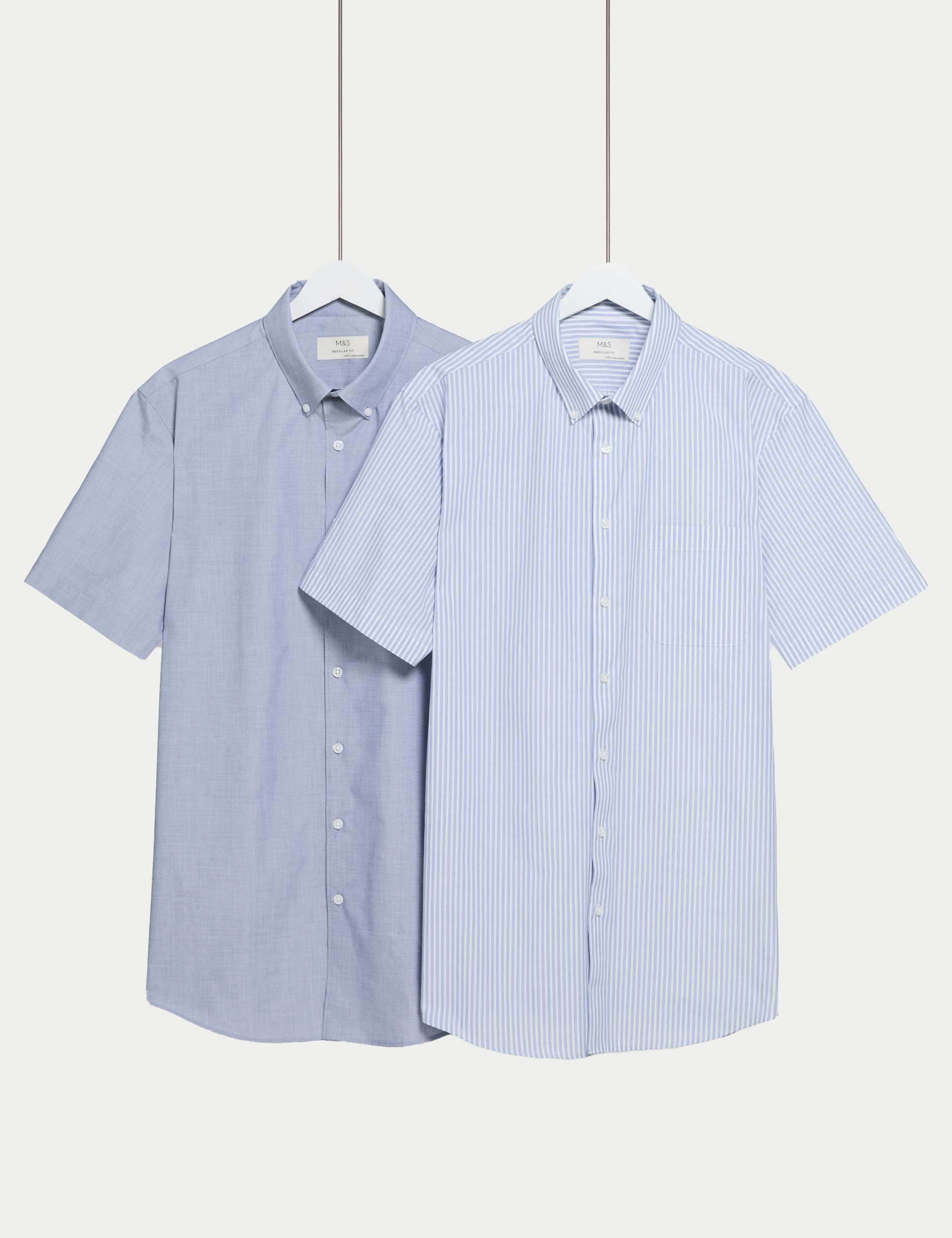 M&S Collection Men's 2 Pack Regular Fit Striped Short Sleeve Shirts - 16.5 - Blue Mix, Blue Mix