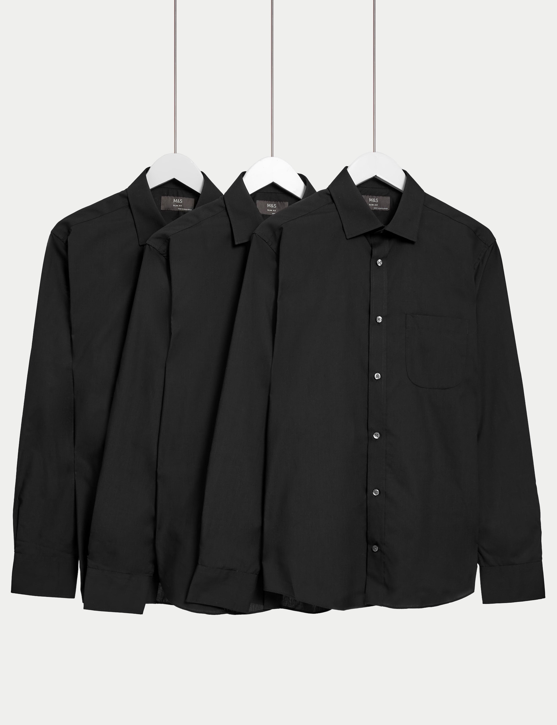 M&S Collection Men's 3pk Slim Fit Easy Iron Long Sleeve Shirts - 15.5 - Black, Black