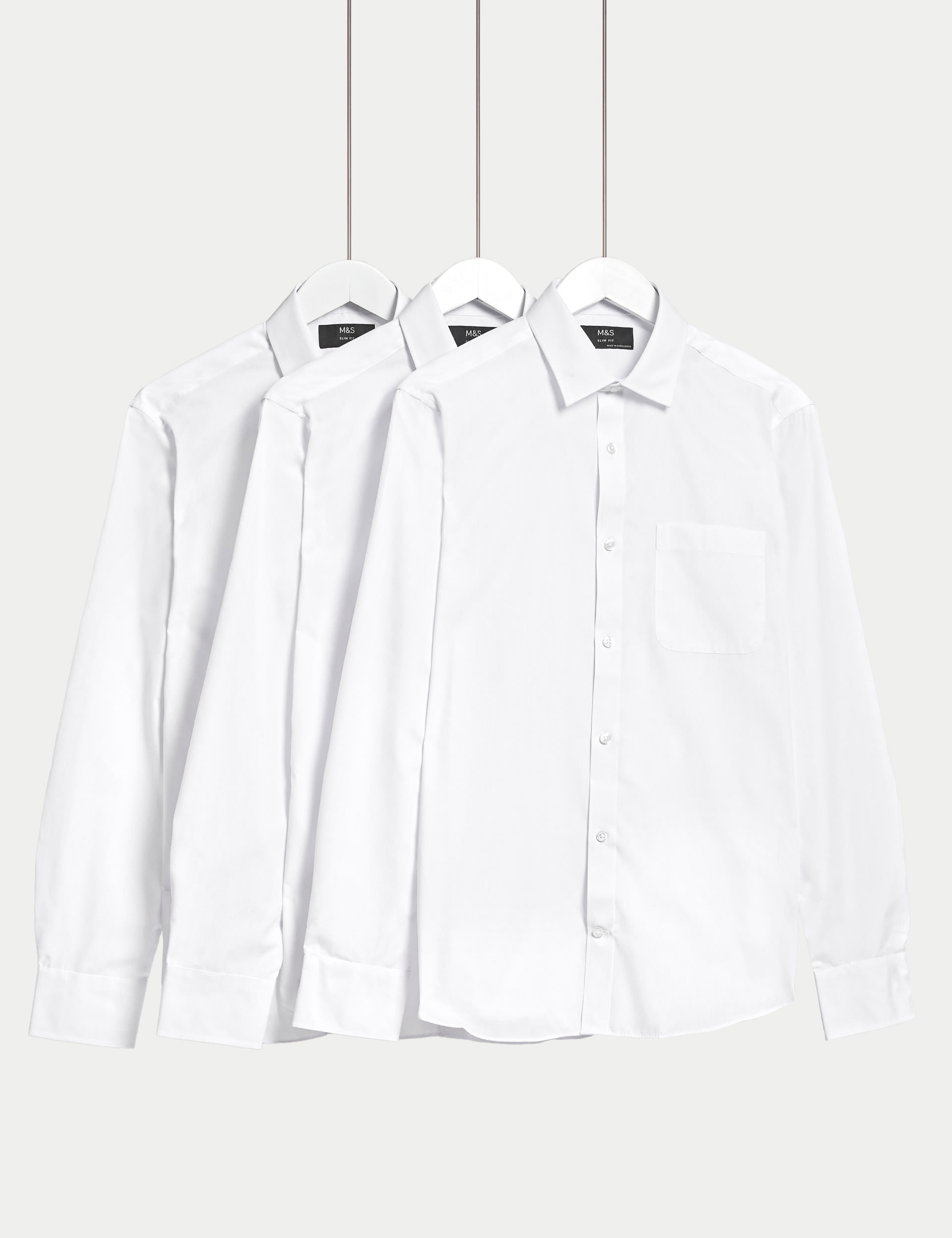 M&S Collection Men's 3pk Slim Fit Easy Iron Long Sleeve Shirts - 15.5 - White, White