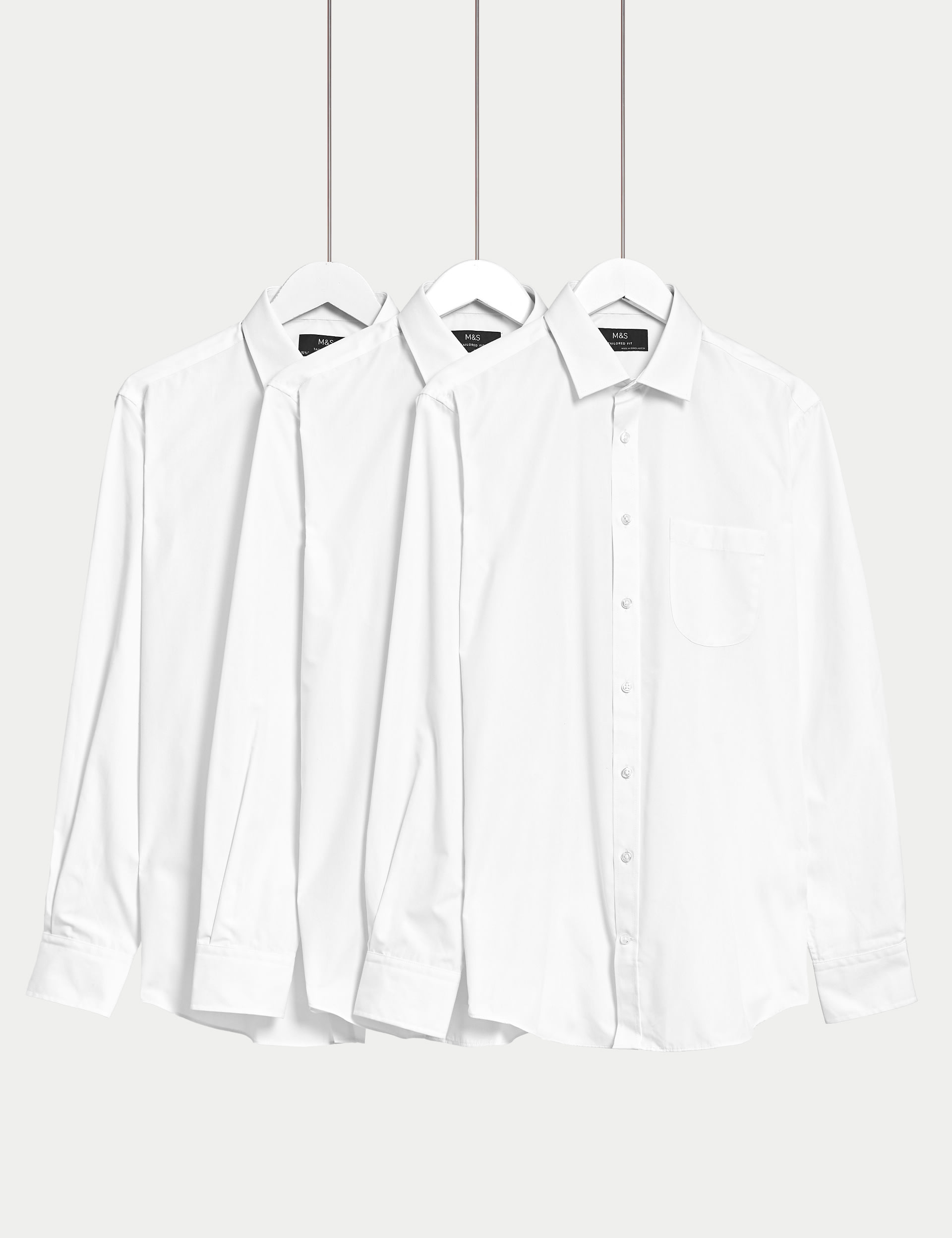 M&S Collection Men's 3pk Tailored Fit Easy Iron Long Sleeve Shirts - 14.5 - White, White