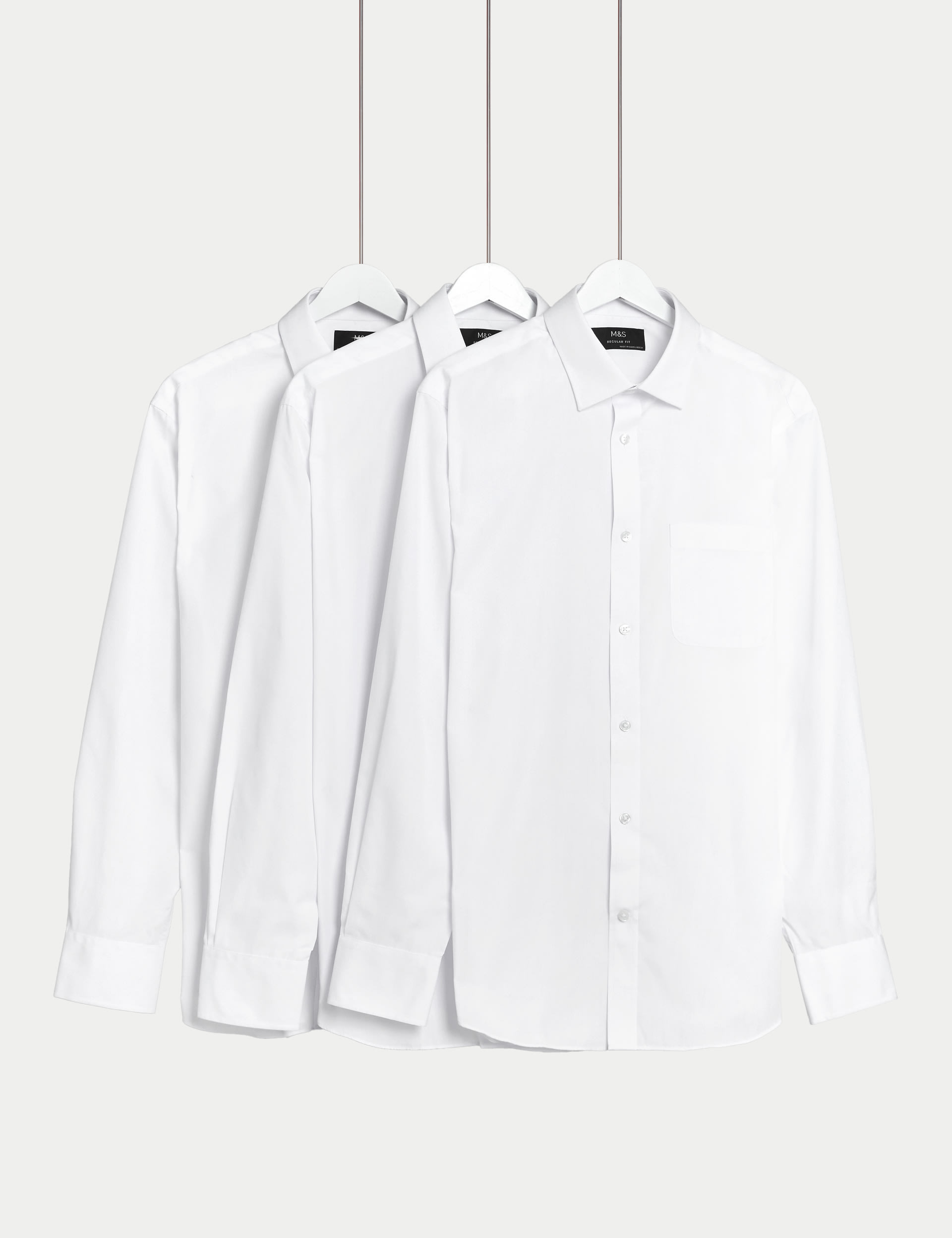 M&S Collection Men's 3pk Regular Fit Easy Iron Long Sleeve Shirts - 18.5 - White, White