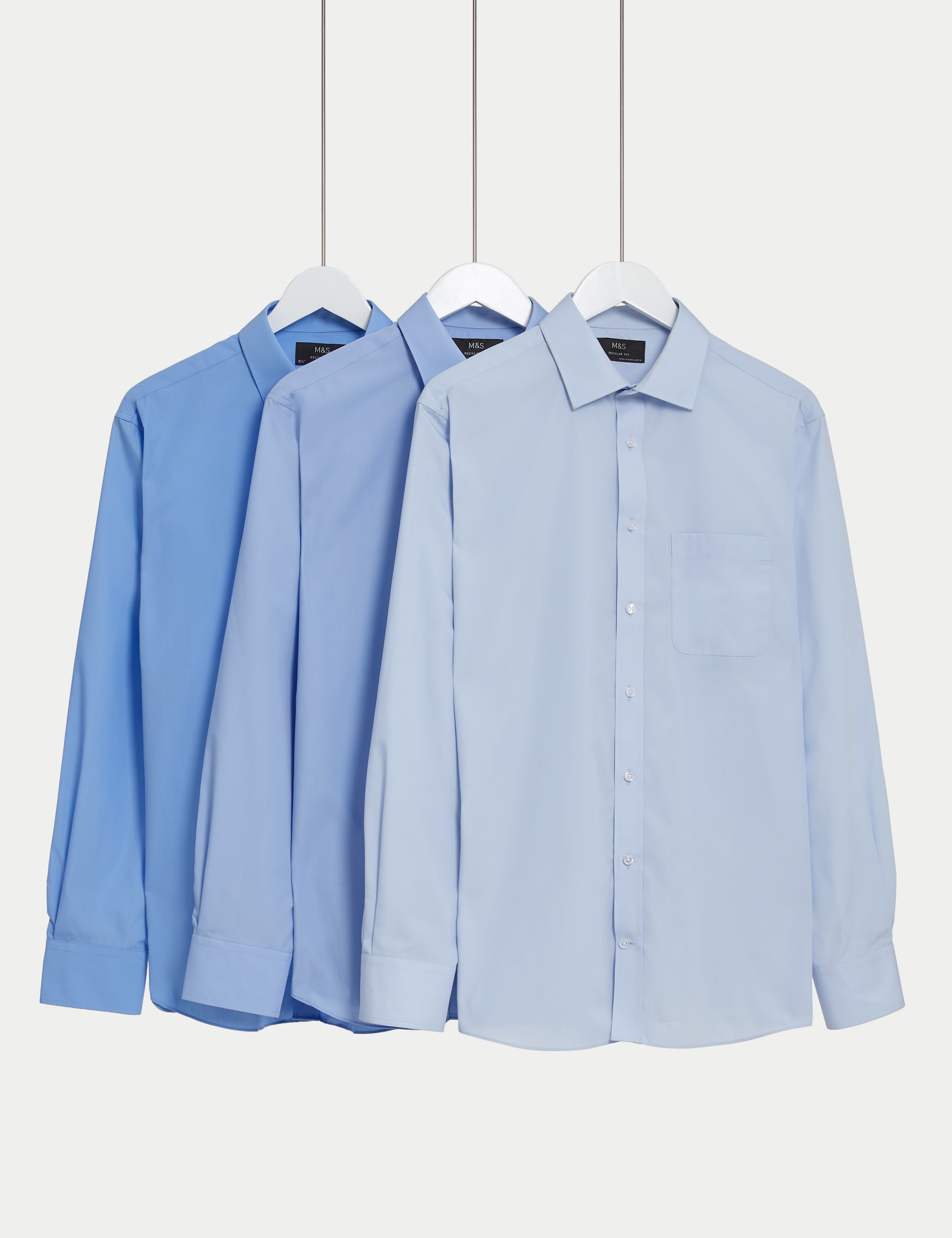 M&S Collection Men's 3pk Regular Fit Easy Iron Long Sleeve Shirts - 16.5 - Blue Mix, Blue Mix