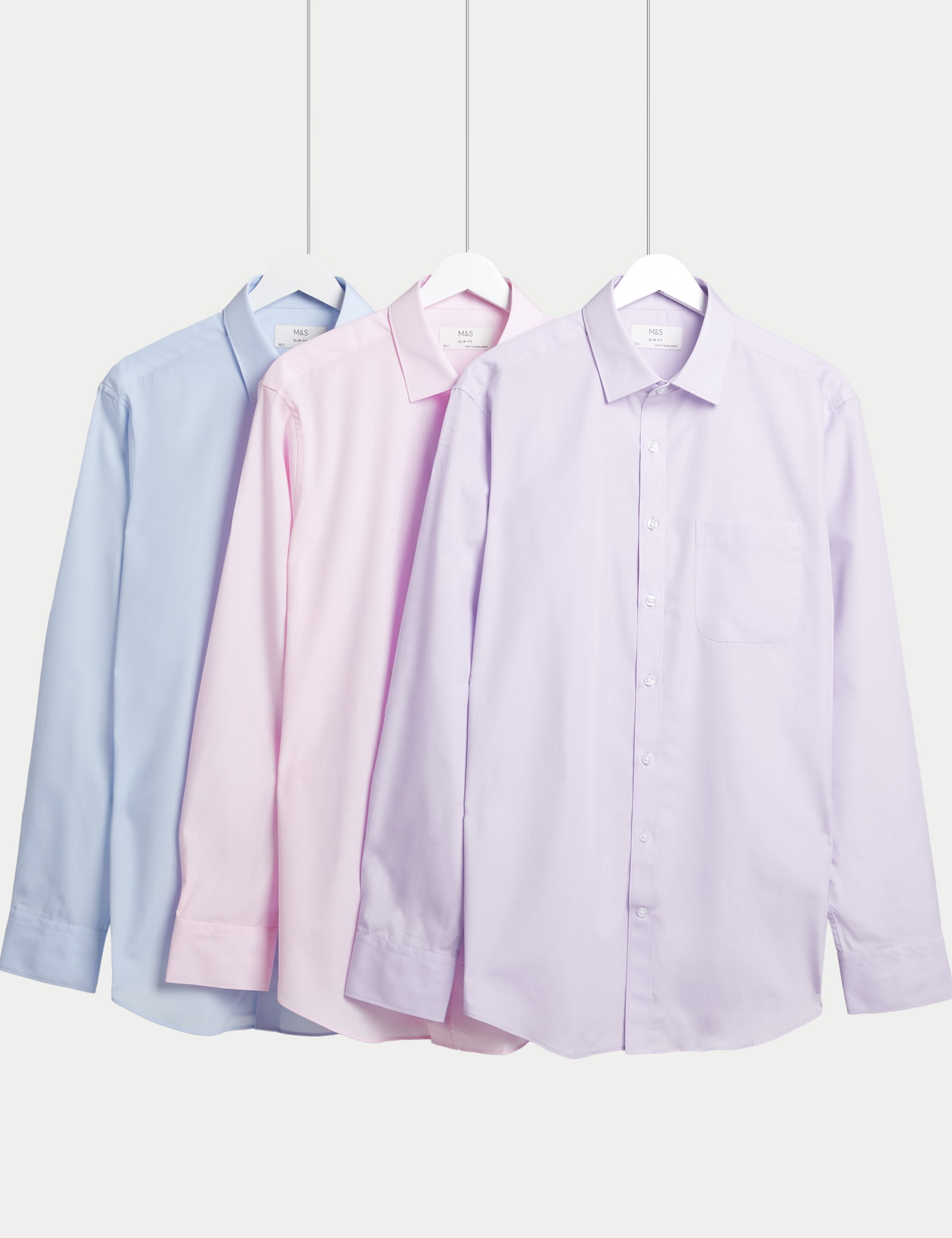 M&S Collection Men's 3pk Slim Fit Easy Iron Cotton Blend Shirts - 15.5 - Lilac Mix, Lilac Mix