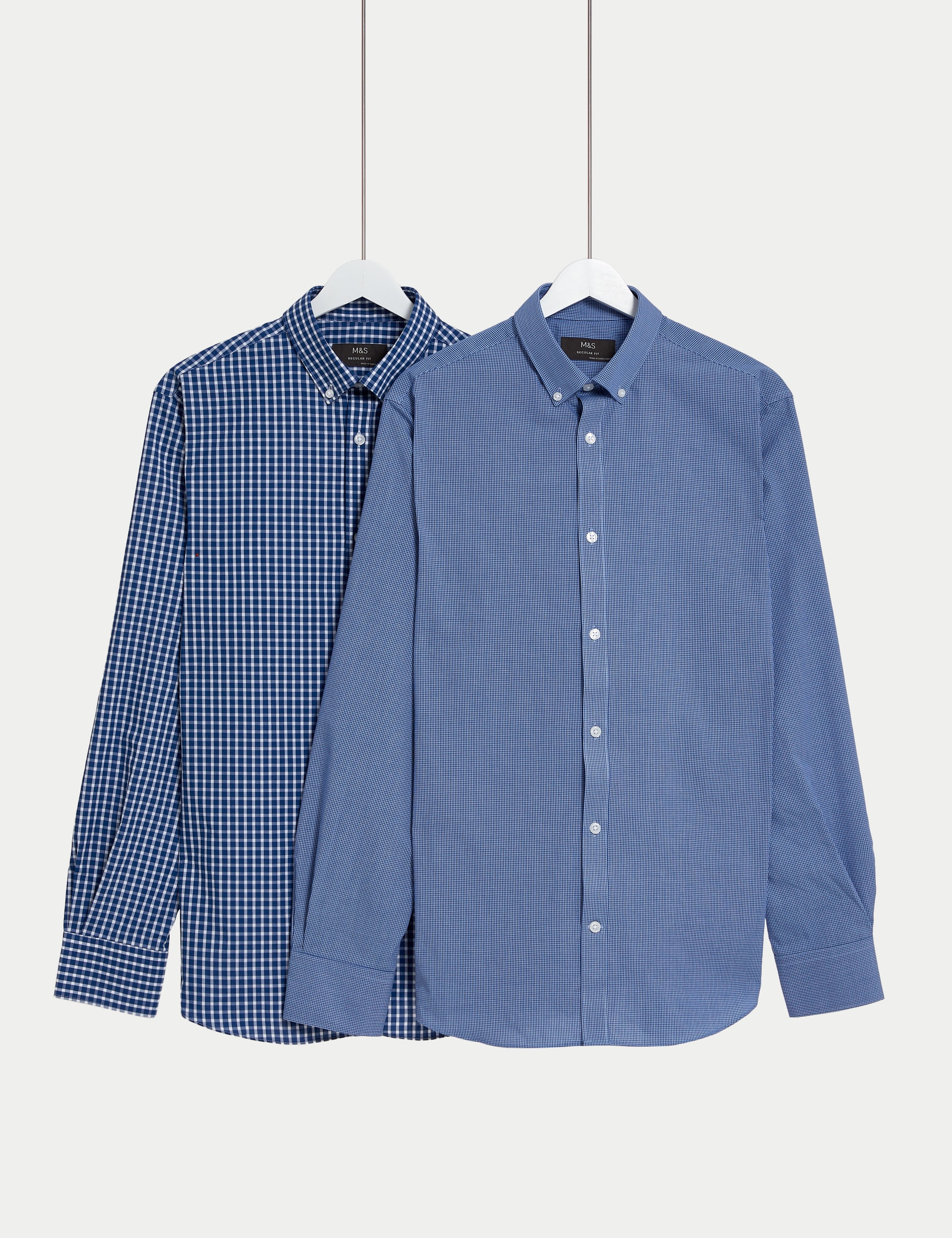 M&S Collection Men's 2 Pack Regular Fit Easy Iron Long Sleeve Gingham Shirts - 18.5 - Blue Mix, Blue