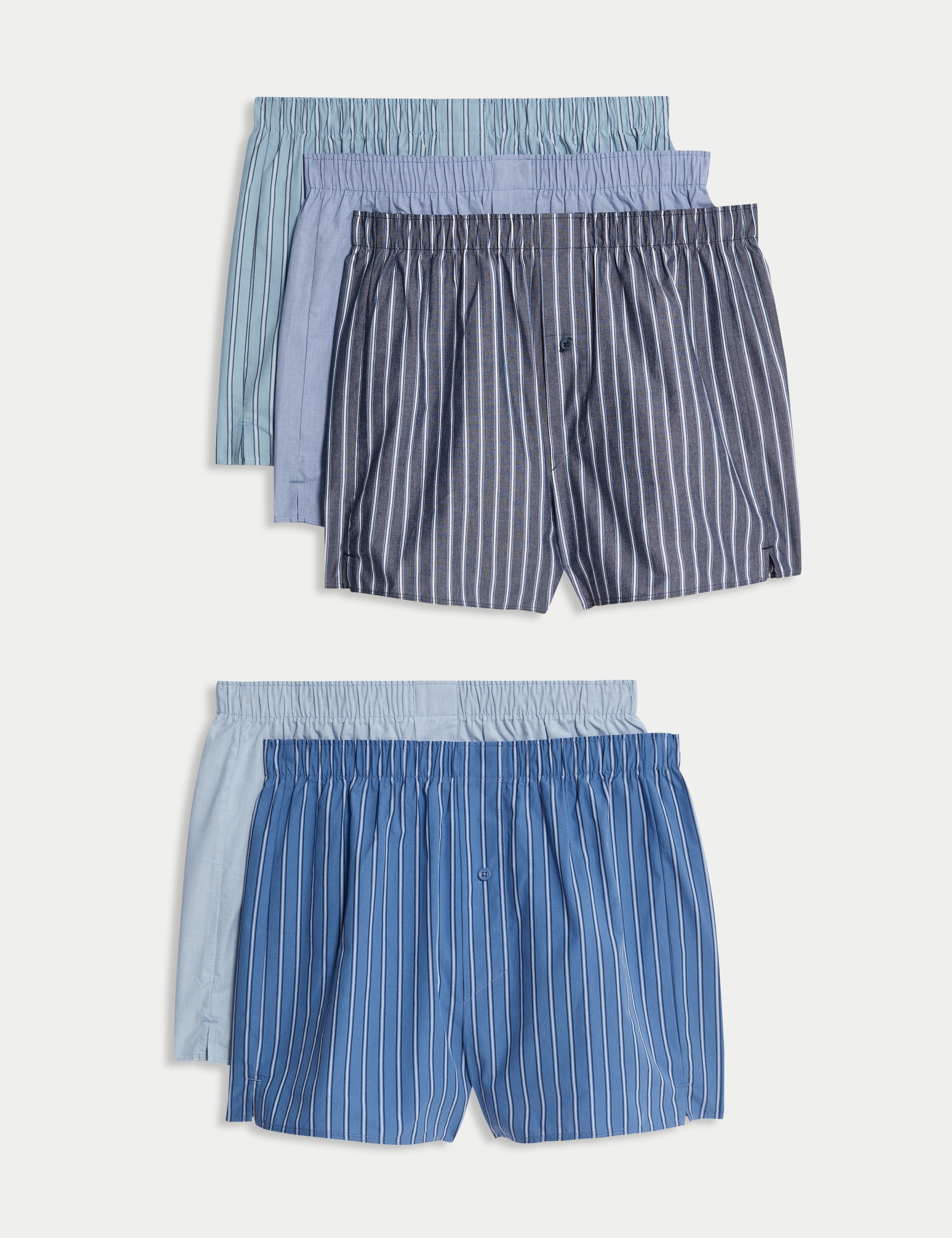 M&S Collection Men's 5pk Pure Cotton Striped Woven Boxers - L - Chambray, Chambray