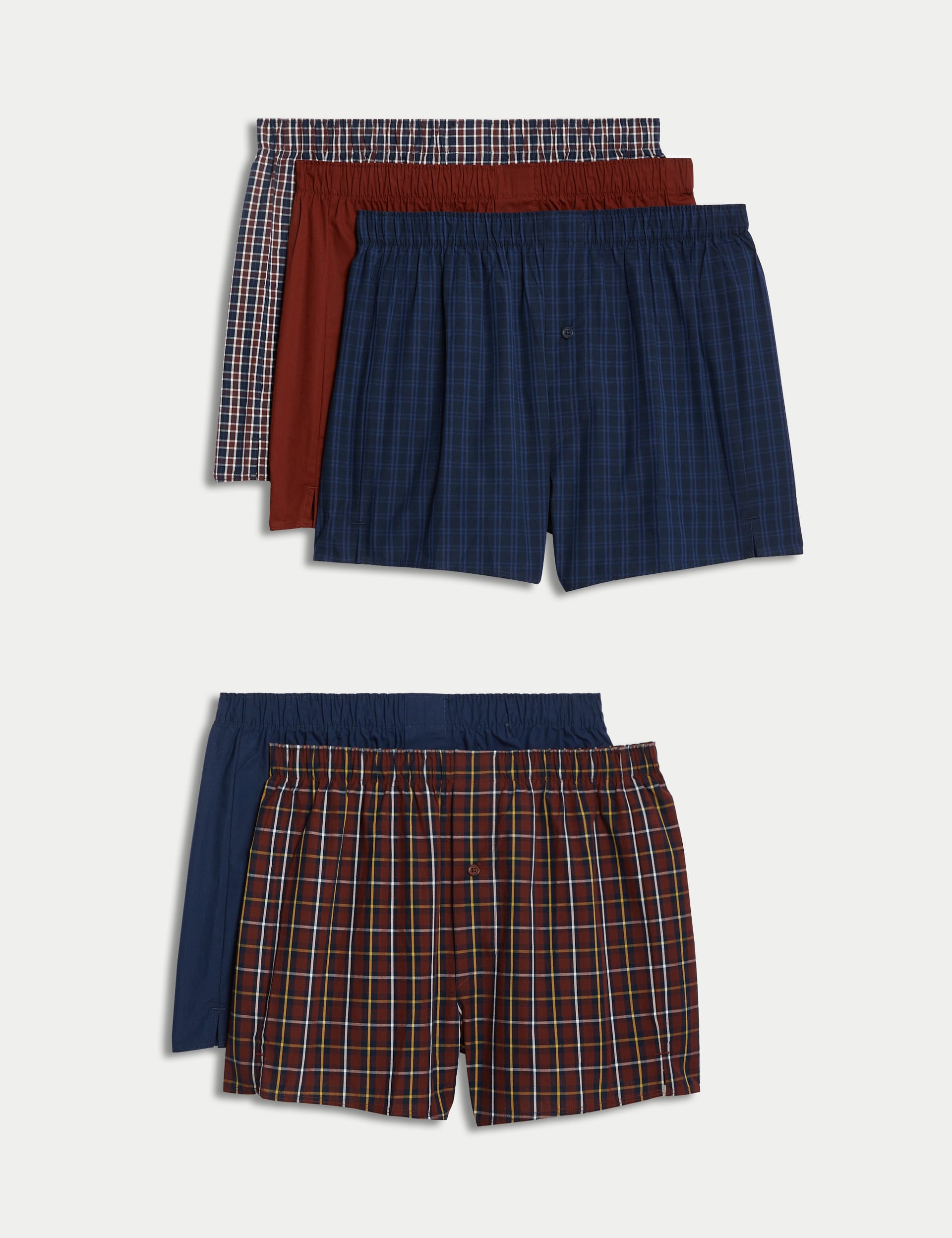 M&S Collection Men's 5pk Cool & Fresh Pure Cotton Woven Boxers - Burgundy Mix, Burgundy Mix