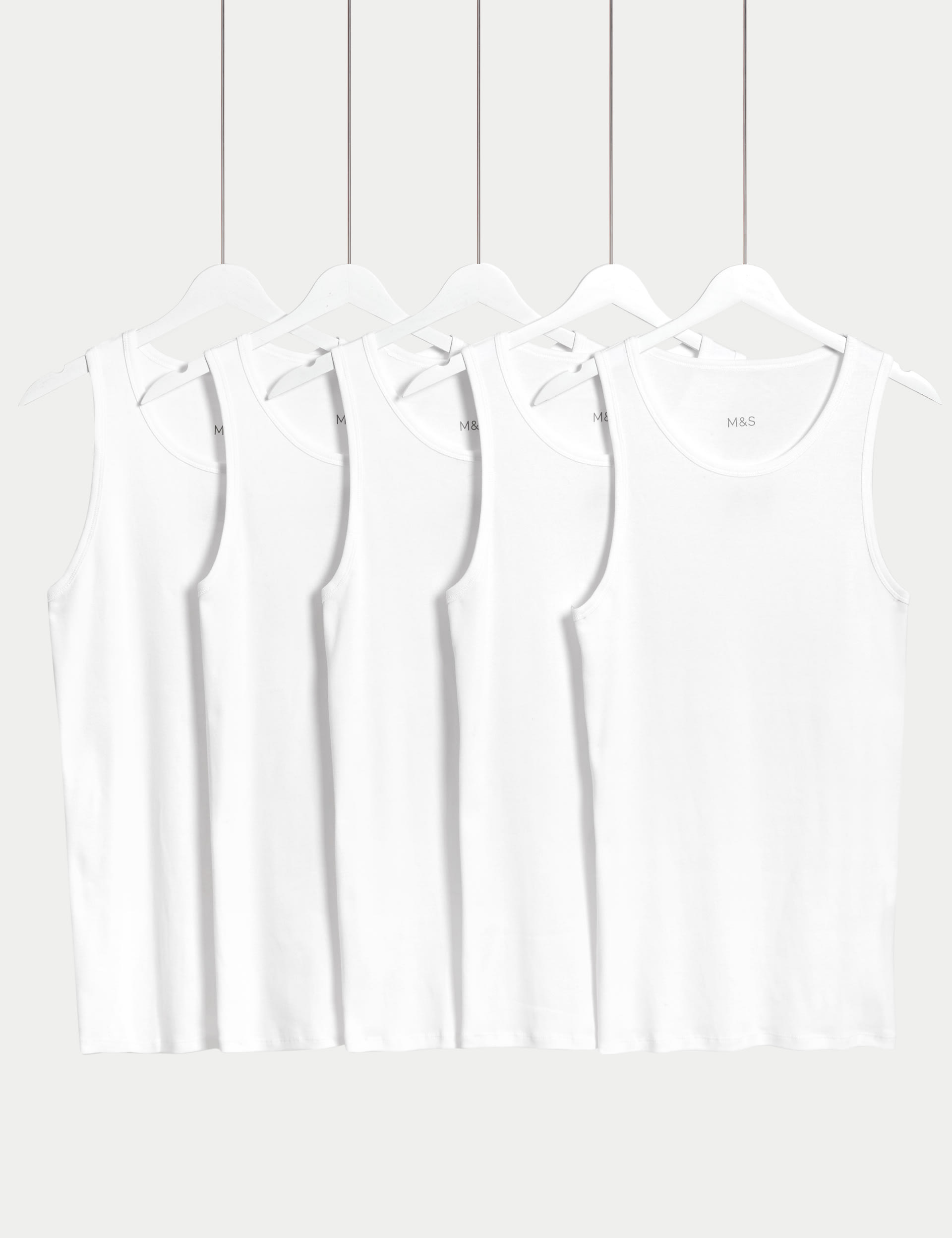 M&S Collection Men's 5pk Essential Cotton Sleeveless Vests - M - White, White