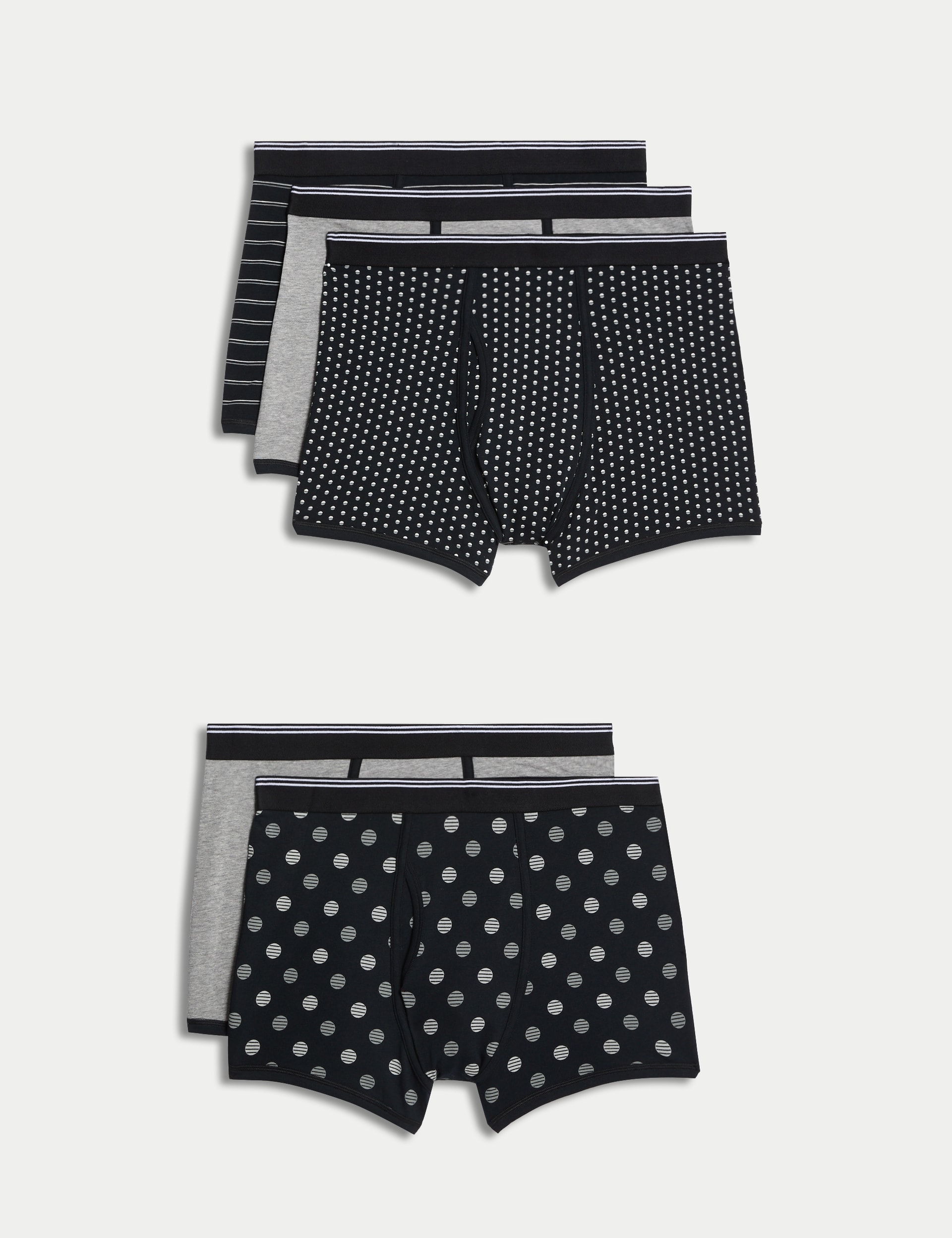 M&S Collection Men's 5pk Cool & Fresh Cotton Rich Trunks - Black/Grey, Black/Grey