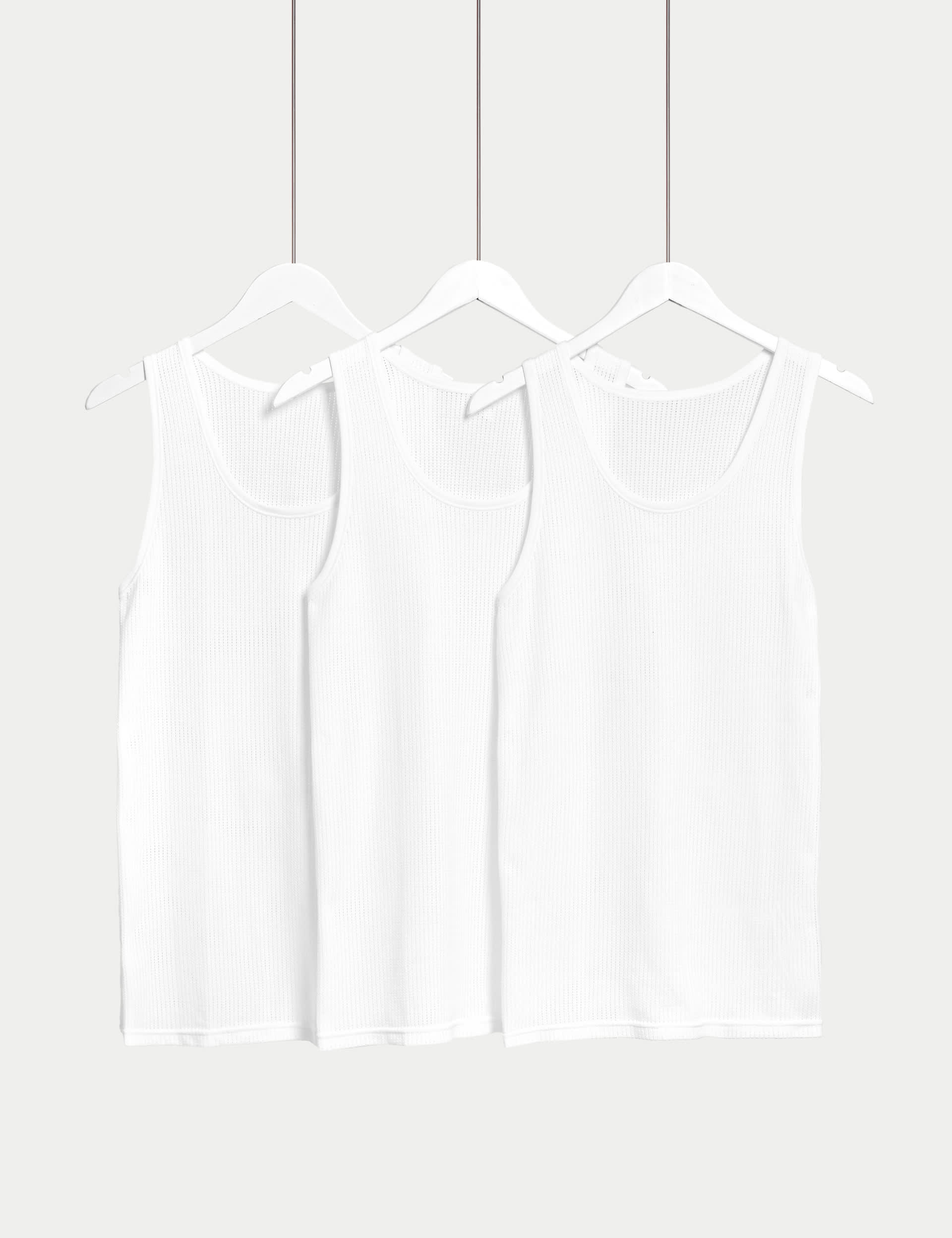 M&S Collection Men's 3pk Pure Cotton Classic Sleeveless Mesh Vests - White, White