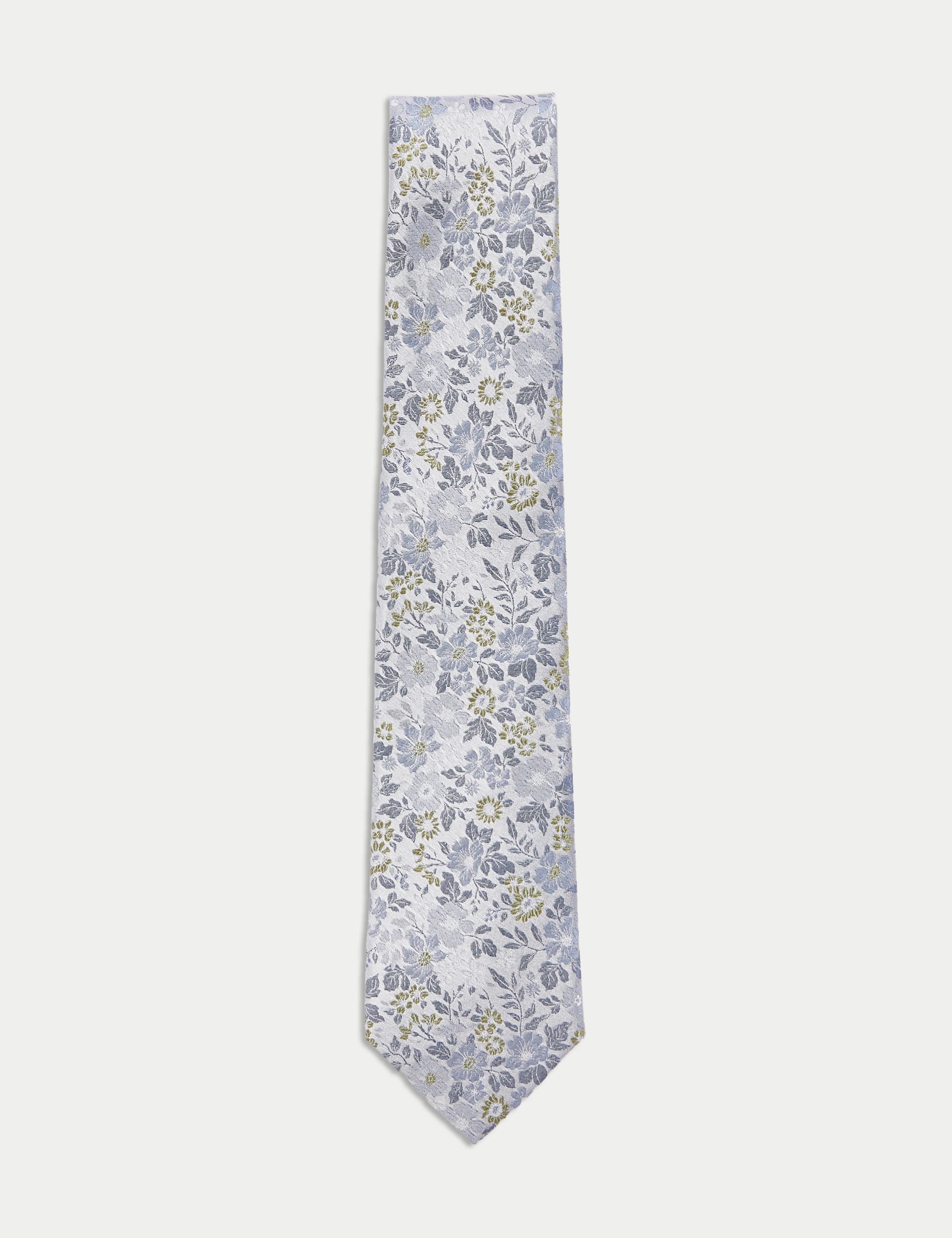 M&S Collection Men's Floral Pure Silk Tie - Mid Blue, Ecru,Navy Mix,Mid Blue,Pink Mix