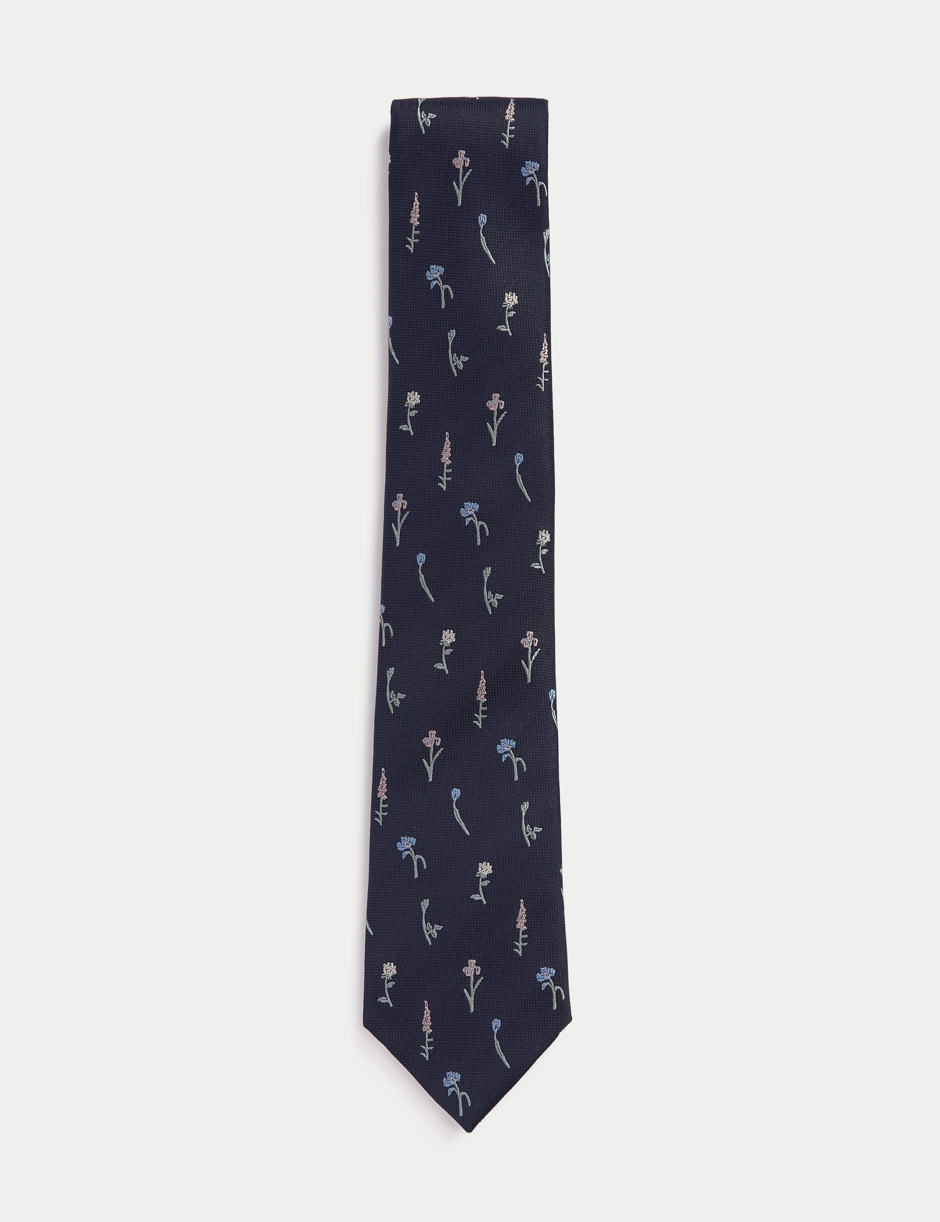 M&S Collection Men's Floral Pure Silk Tie - Mid Blue, Mid Blue