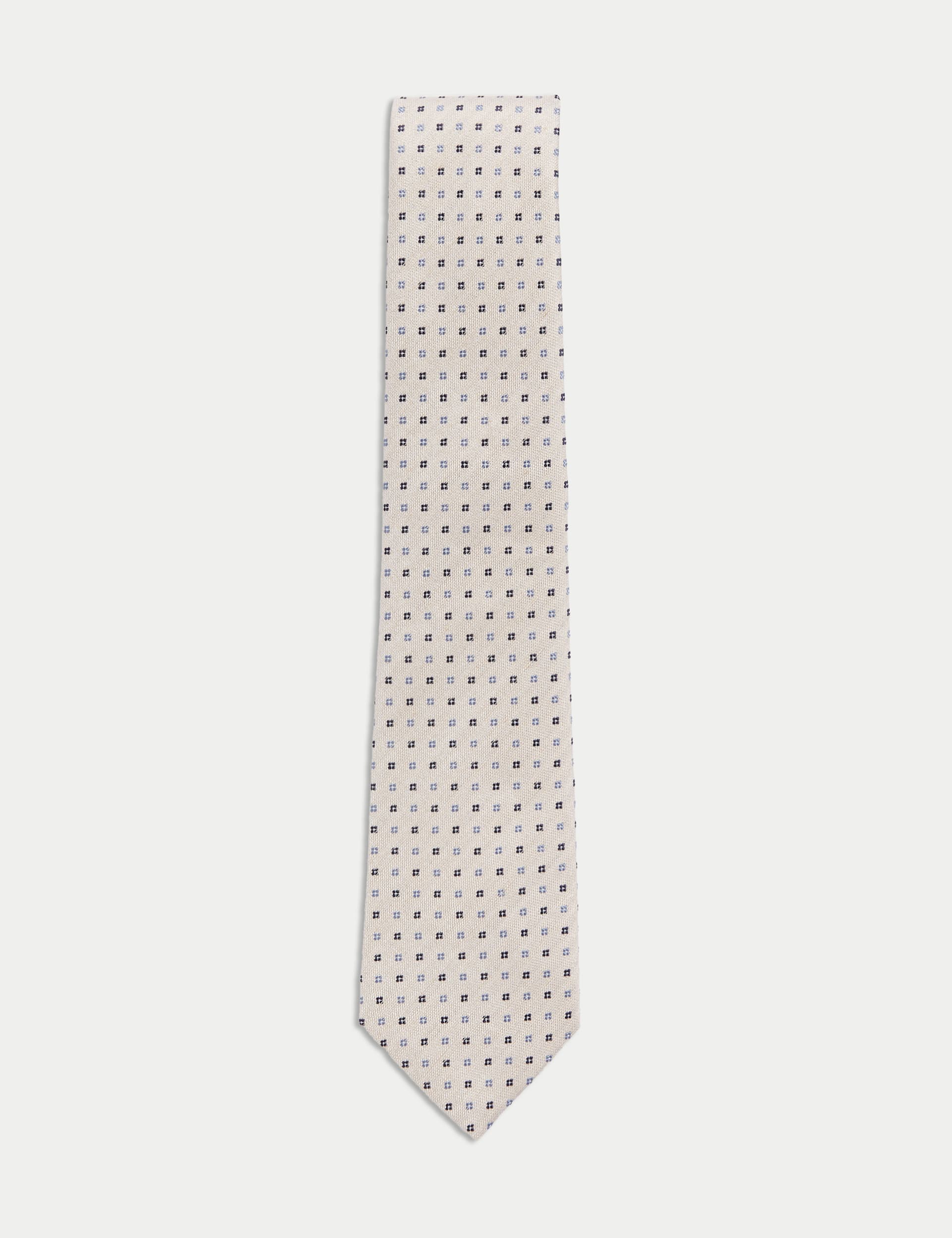 M&S Collection Men's Silk Rich Geometric Tie with Linen - Ecru, Mid Blue,Ecru