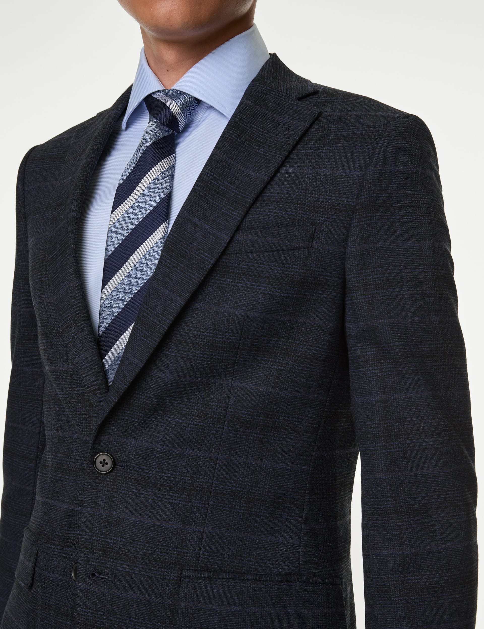 M&S Collection Men's Slim Fit Prince of Wales Check Suit - 44SHT - Navy Mix, Navy Mix