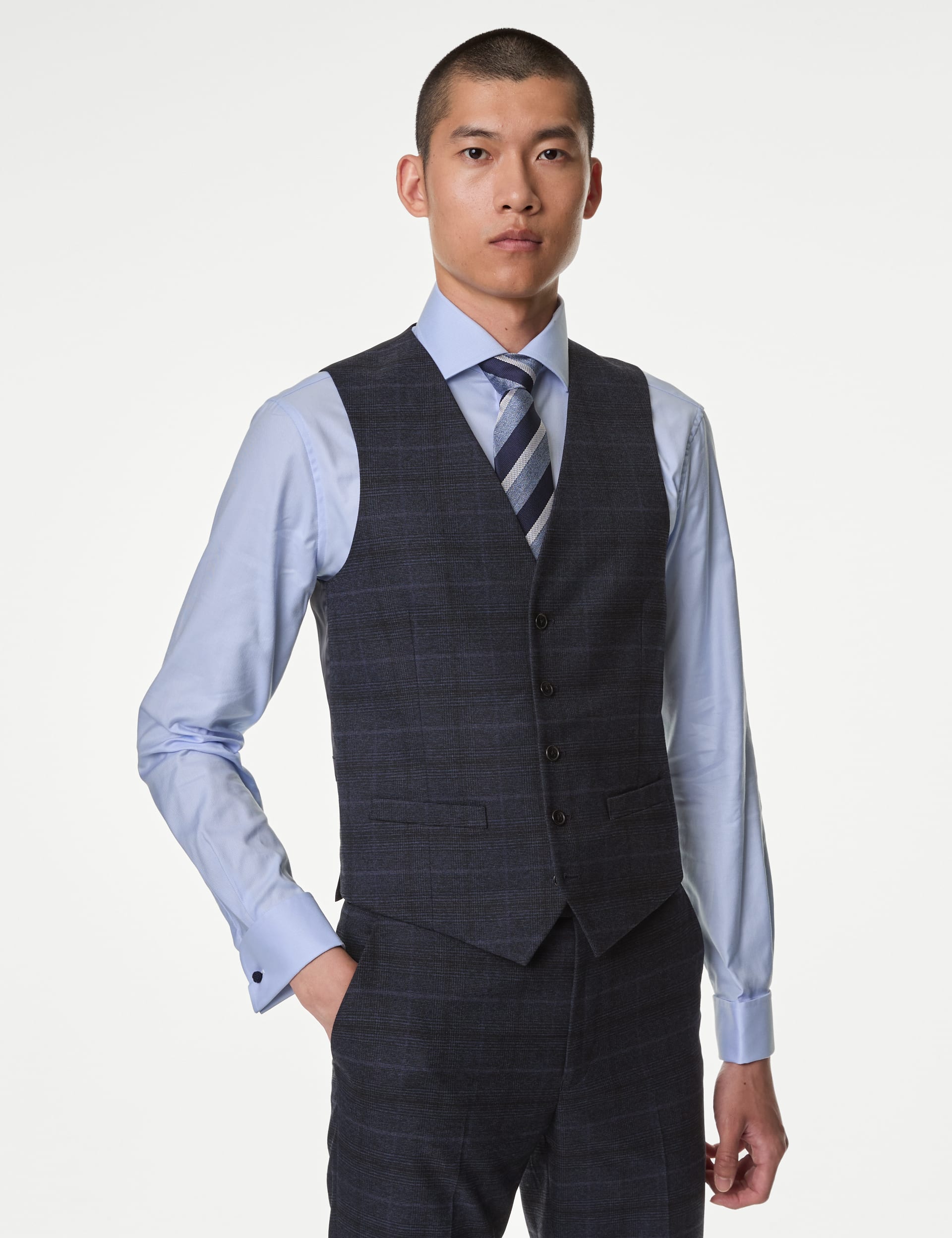 M&S Collection Men's Check Waistcoat - 34REG - Navy Mix, Navy Mix