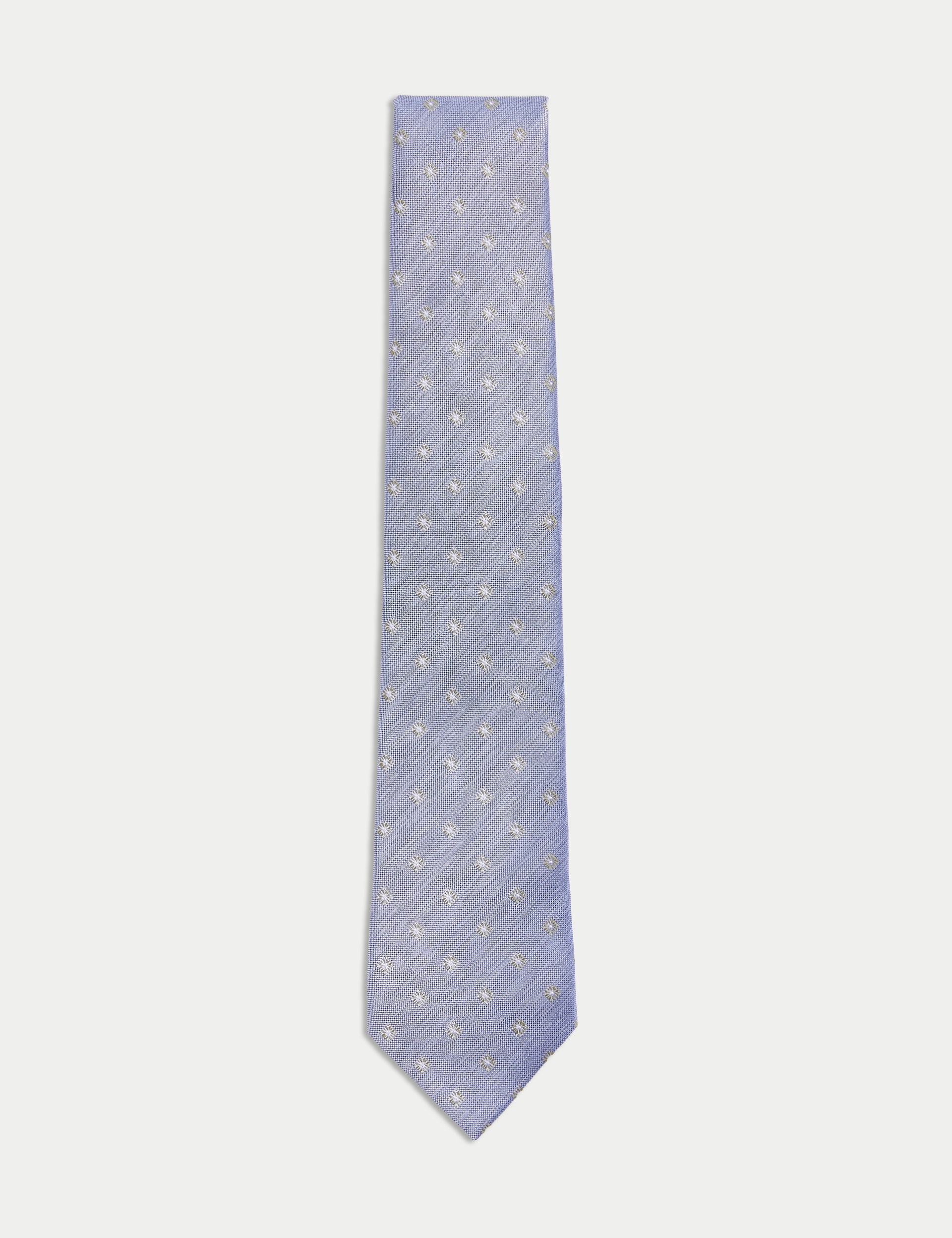 M&S Collection Men's Geometric Pure Silk Tie - Medium Blue, Sage,Medium Blue