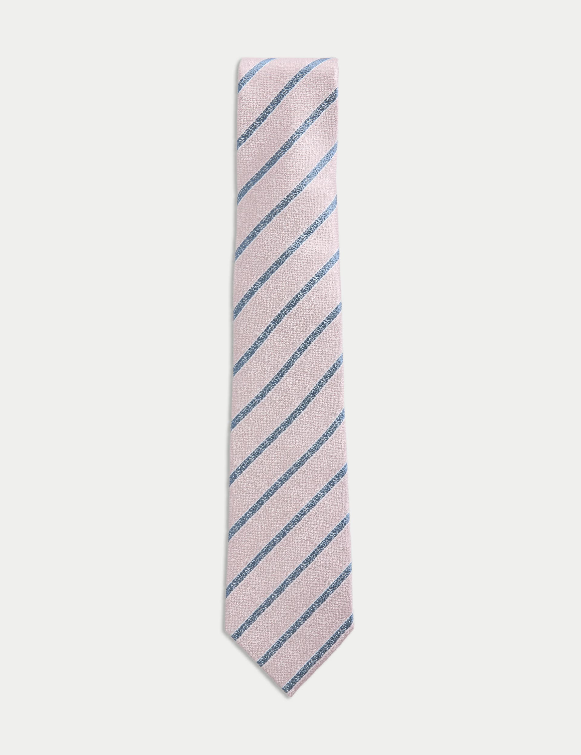 M&S Collection Men's Pure Silk Striped Tie - Pink, Mid Blue,Sage,Pink