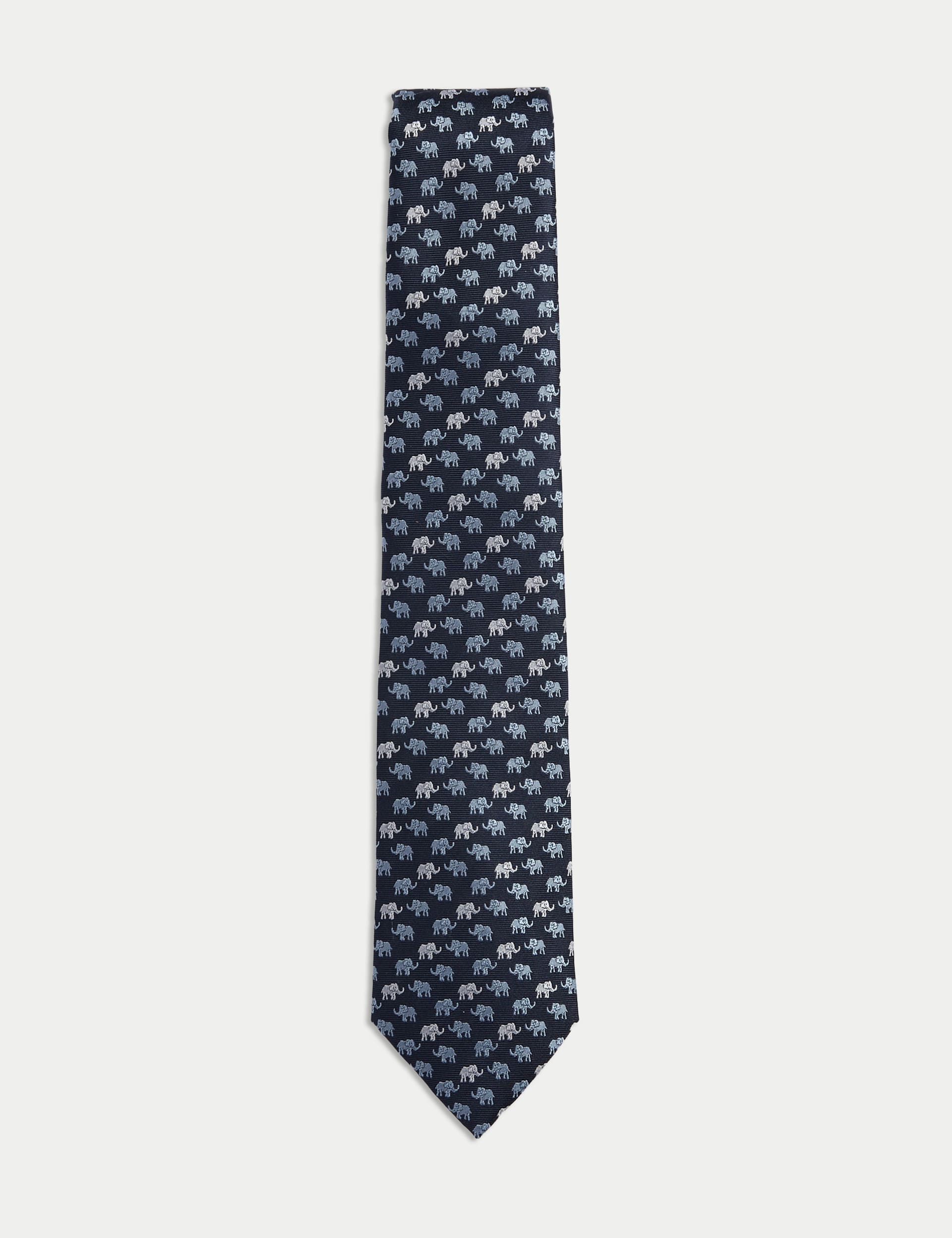 M&S Collection Men's Elephant Print Pure Silk Tie - Blue, Blue