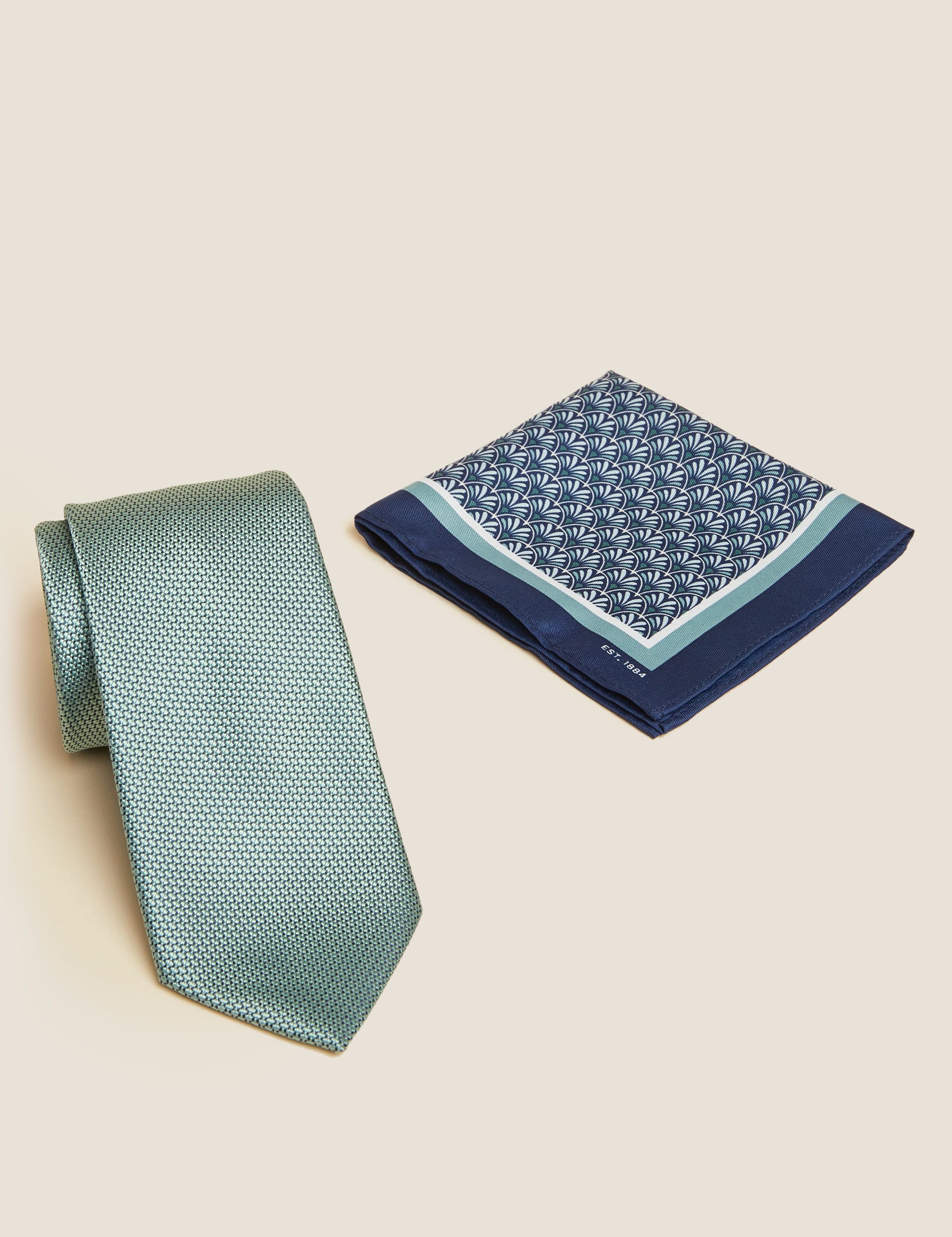 M&S Collection Men's Slim Geometric Tie & Pocket Square Set - Mint, Mint