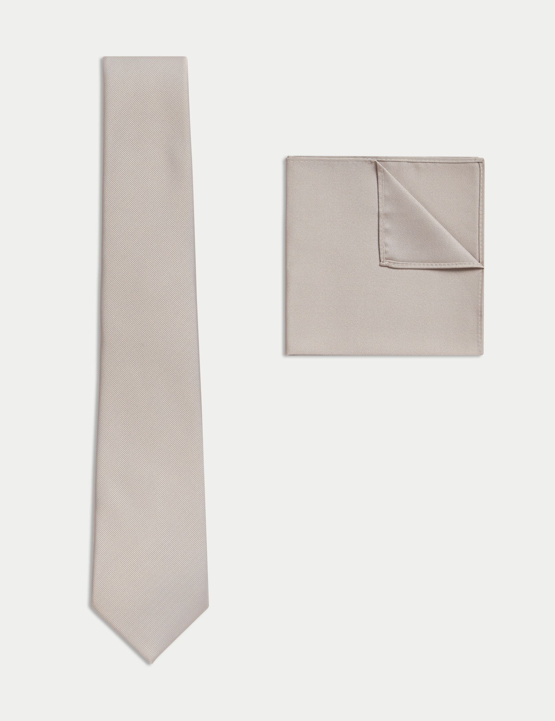 M&S Collection Men's Slim Tie & Pocket Square Set - one size - Champagne, Dark Grey,White,Champagne,