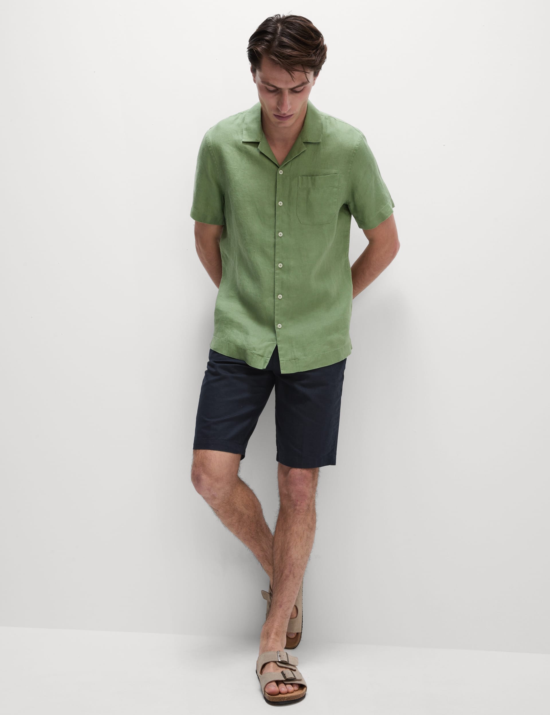 M&S Collection Men's Regular Fit Linen Blend Chino Shorts - 34MID - Dark Navy, Khaki Mix,Stone Mix,D