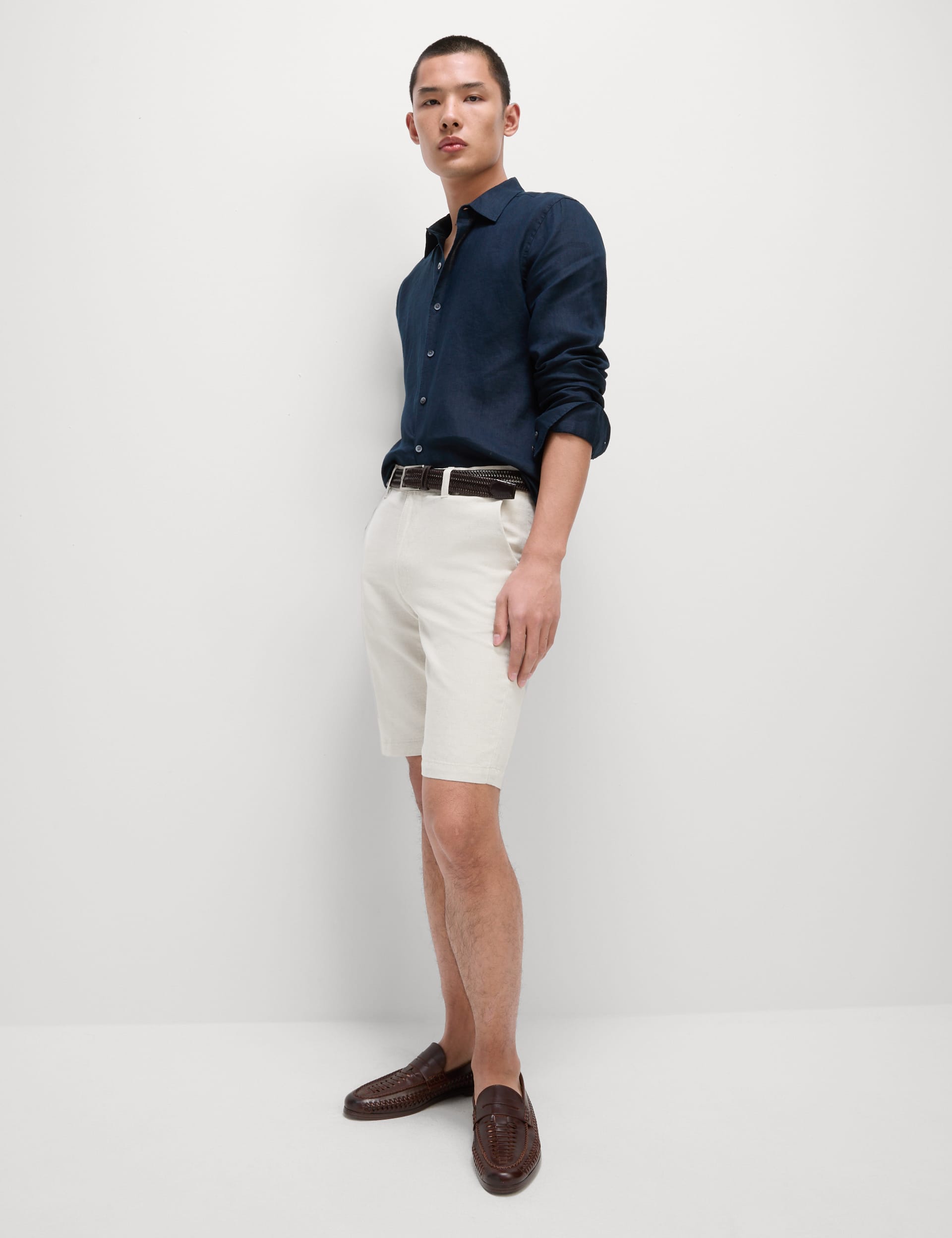 M&S Collection Men's Regular Fit Linen Blend Chino Shorts - 38MID - Stone Mix, Khaki Mix,Stone Mix,Dark Navy