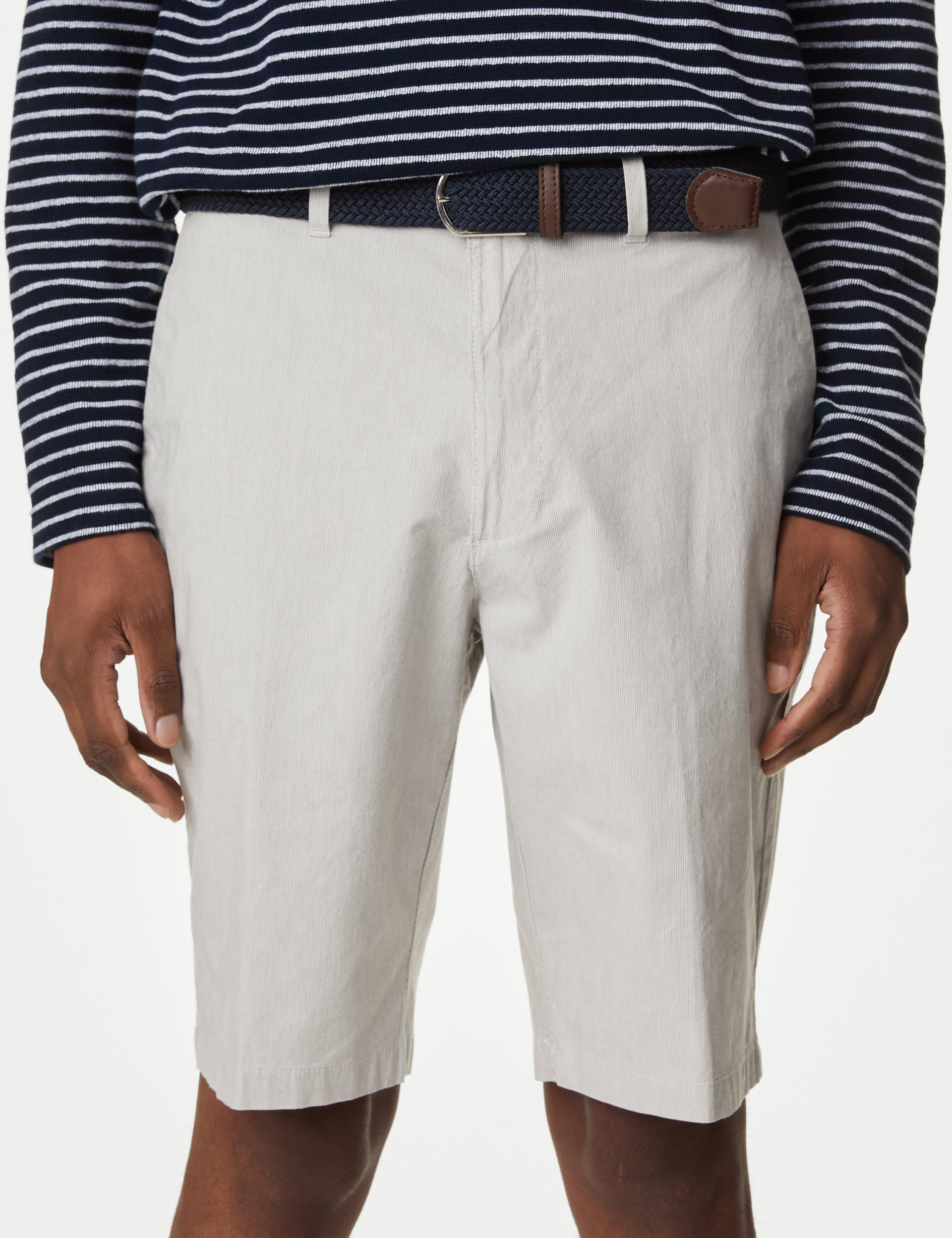 M&S Collection Men's Striped Belted Stretch Chino Shorts - 34 - Natural Mix, Natural Mix