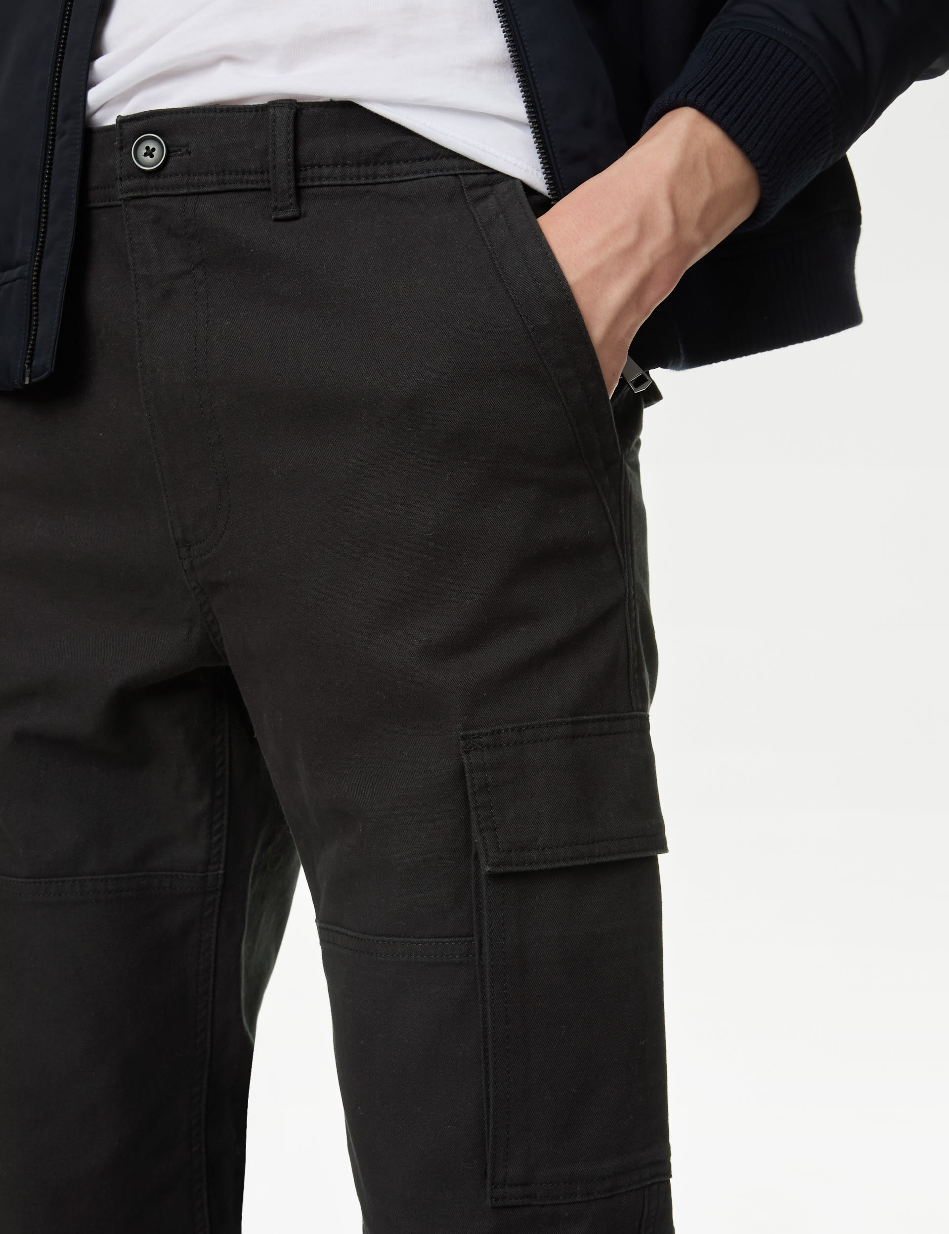 M&S Collection Men's Tapered Fit Stretch Cargo Trousers - 3231 - Black, Toffee,Dark Navy,Black,Dark 