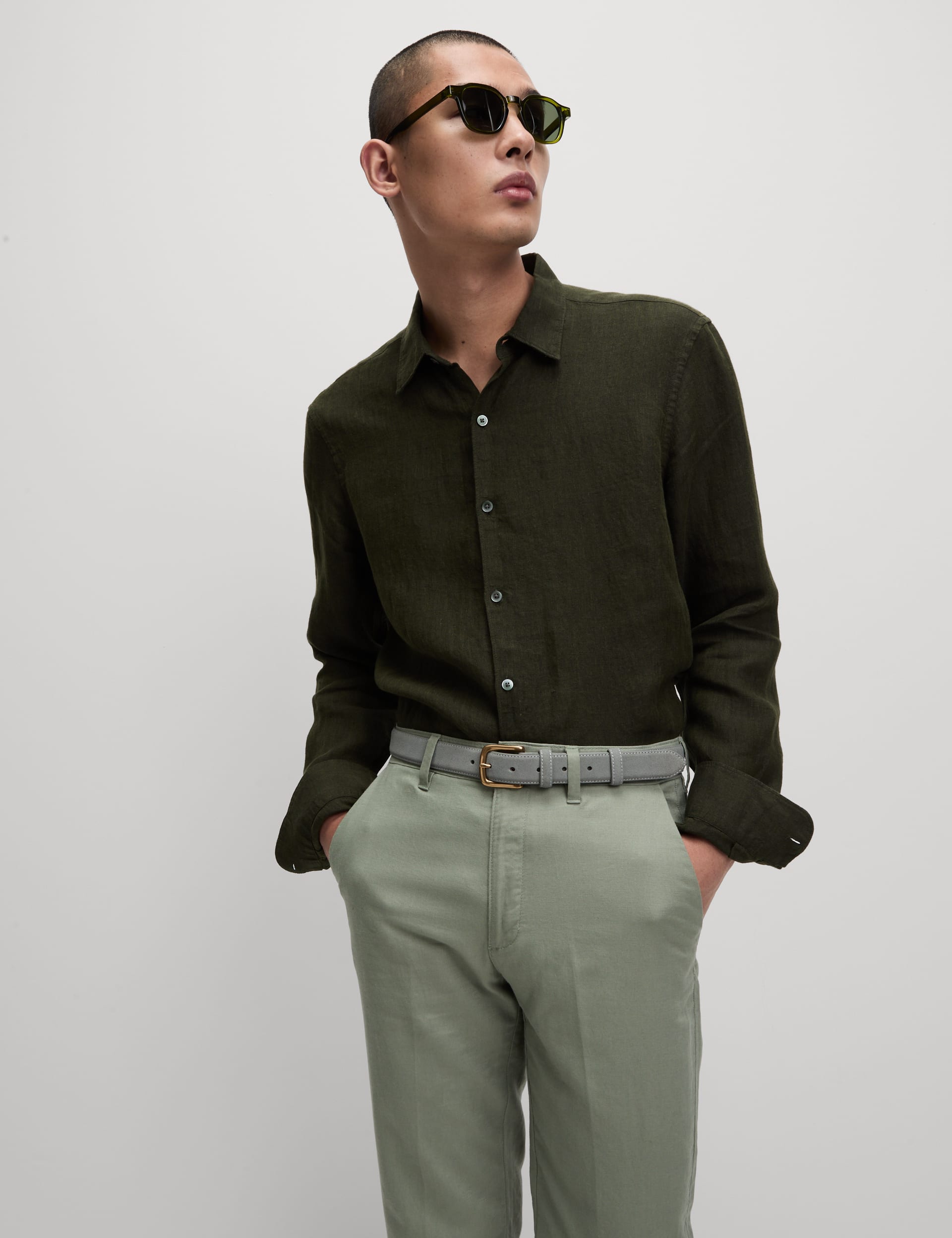 M&S Collection Men's Pure Linen Shirt - LREG - Dark Green, Chambray,Cobalt,White,Light Stone,Navy,Pa