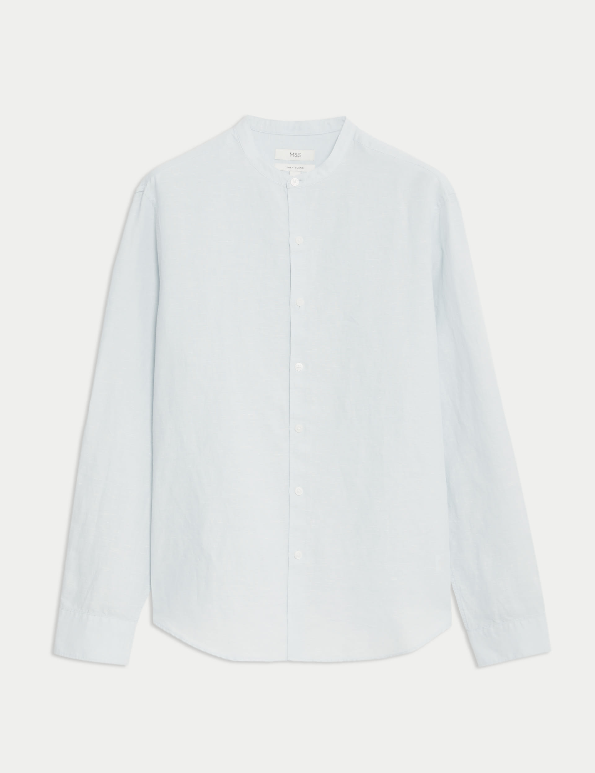 M&S Collection Men's Linen Rich Grandad Collar Shirt - LREG - Light Blue, White,Light Blue