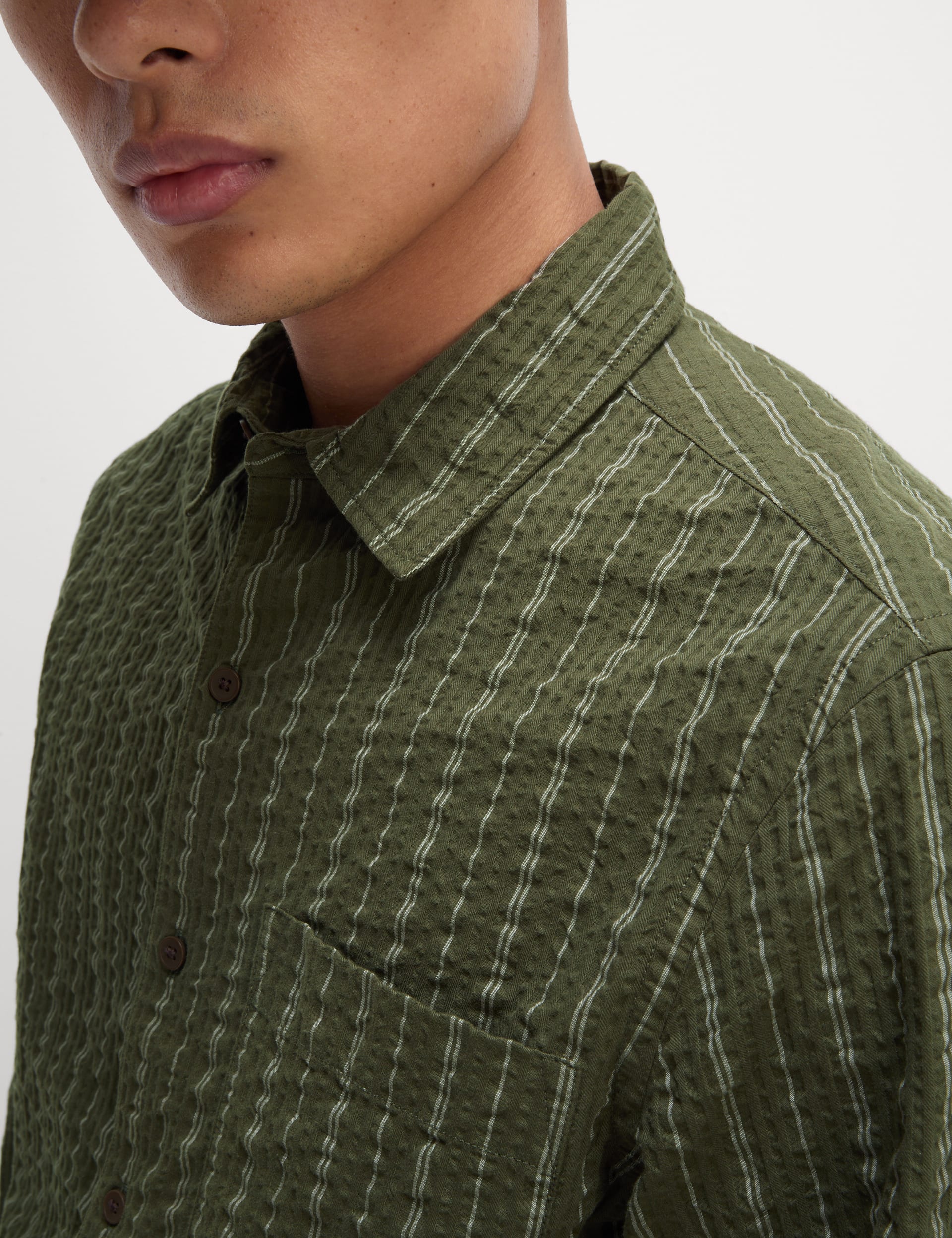 M&S Collection Men's Pure Cotton Striped Seersucker Shirt - LREG - Khaki Mix, Khaki Mix,Ecru Mix