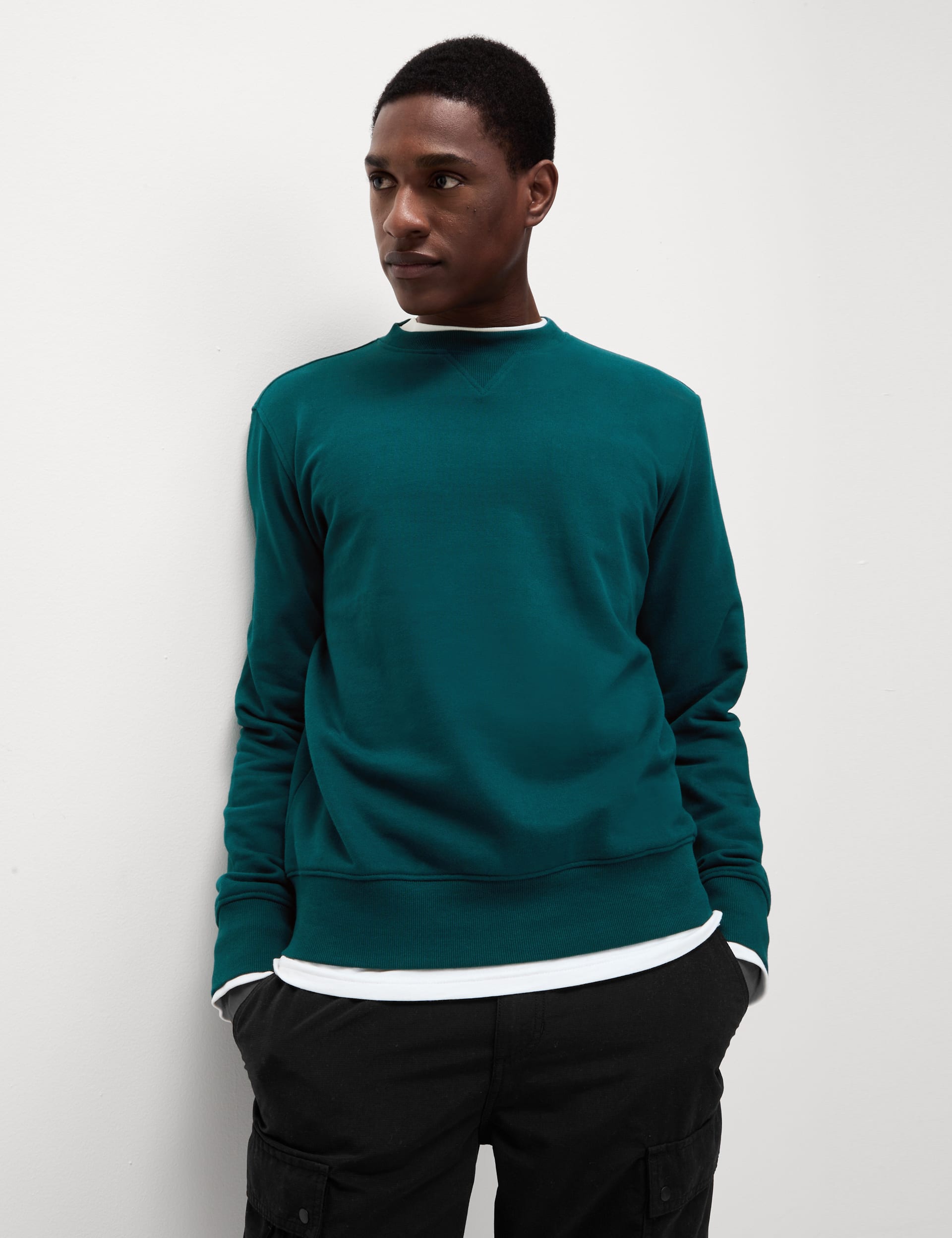 M&S Collection Men's Pure Cotton Crew Neck Sweatshirt - LREG - Evergreen, Dark Navy,Grey Marl,Black,Sand,Evergreen