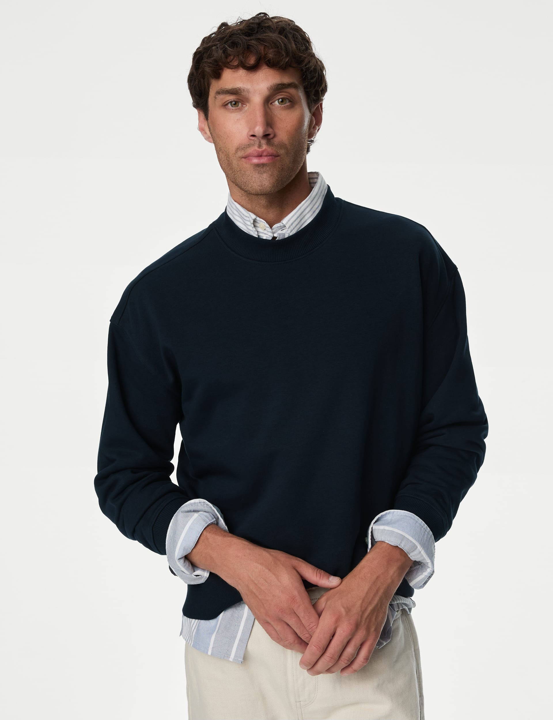 M&S Collection Men's Oversized Cotton Rich Crew Neck Sweatshirt - MREG - Dark Navy, Mid Grey,Ecru Mi