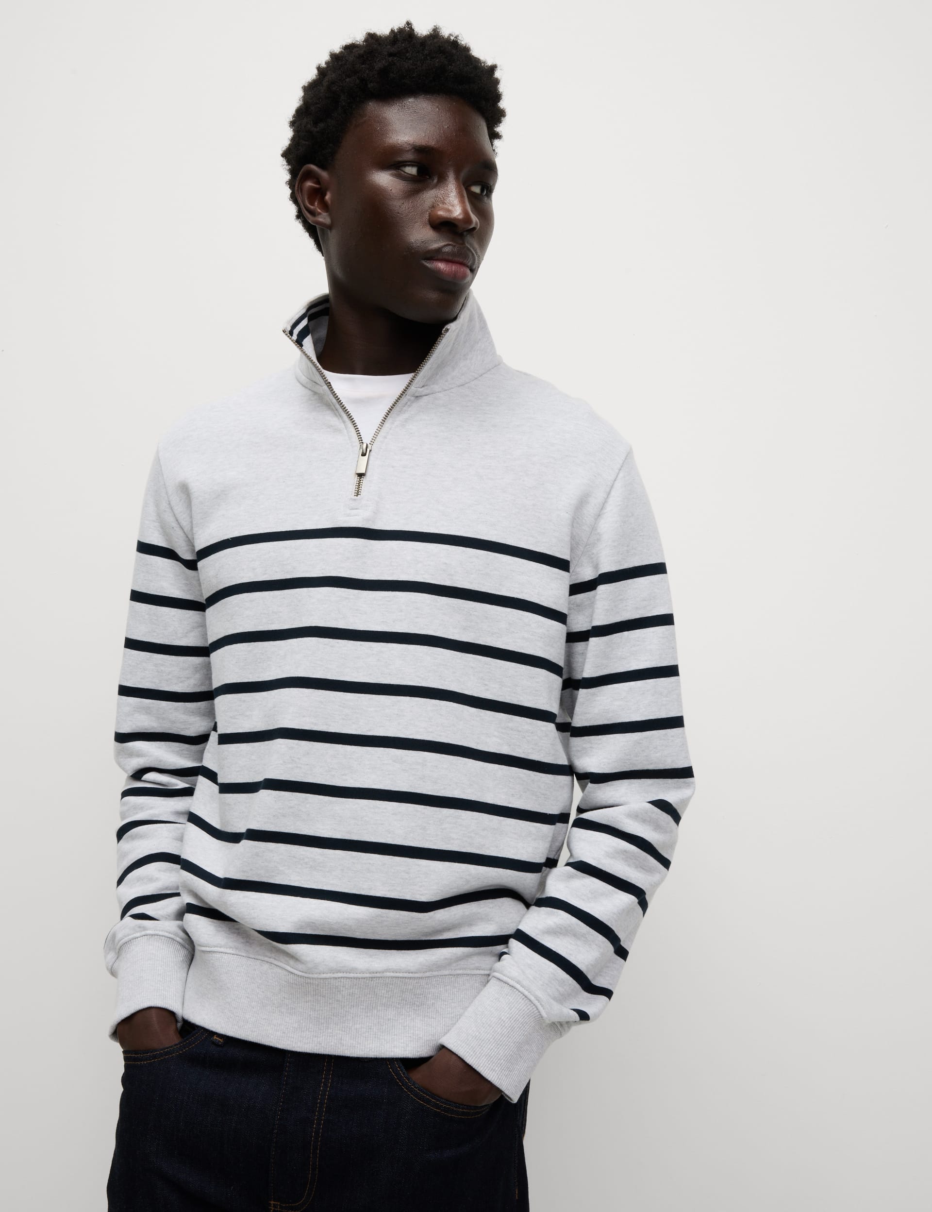 M&S Collection Men's Pure Cotton Striped Sweatshirt - LREG - Grey Mix, Grey Mix,Dark Navy Mix