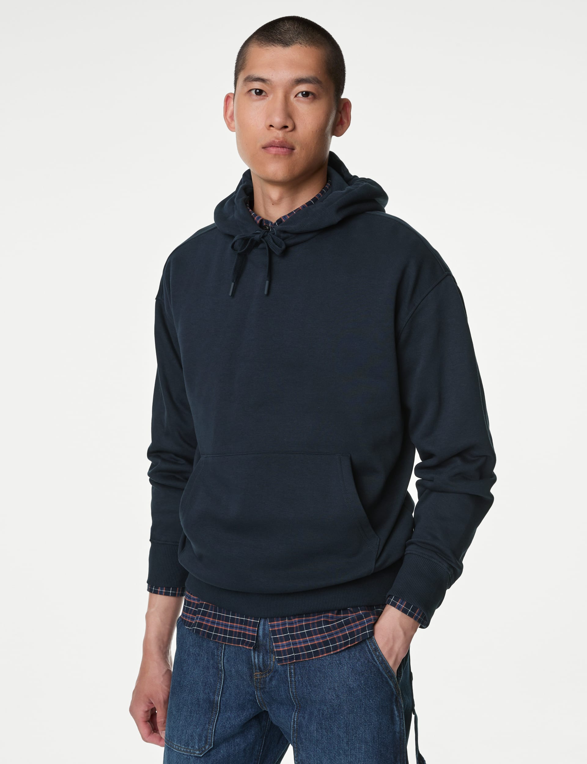 M&S Collection Men's Oversized Cotton Rich Hoodie - MREG - Dark Navy, Mid Grey,Ecru Mix,Black,Dark N