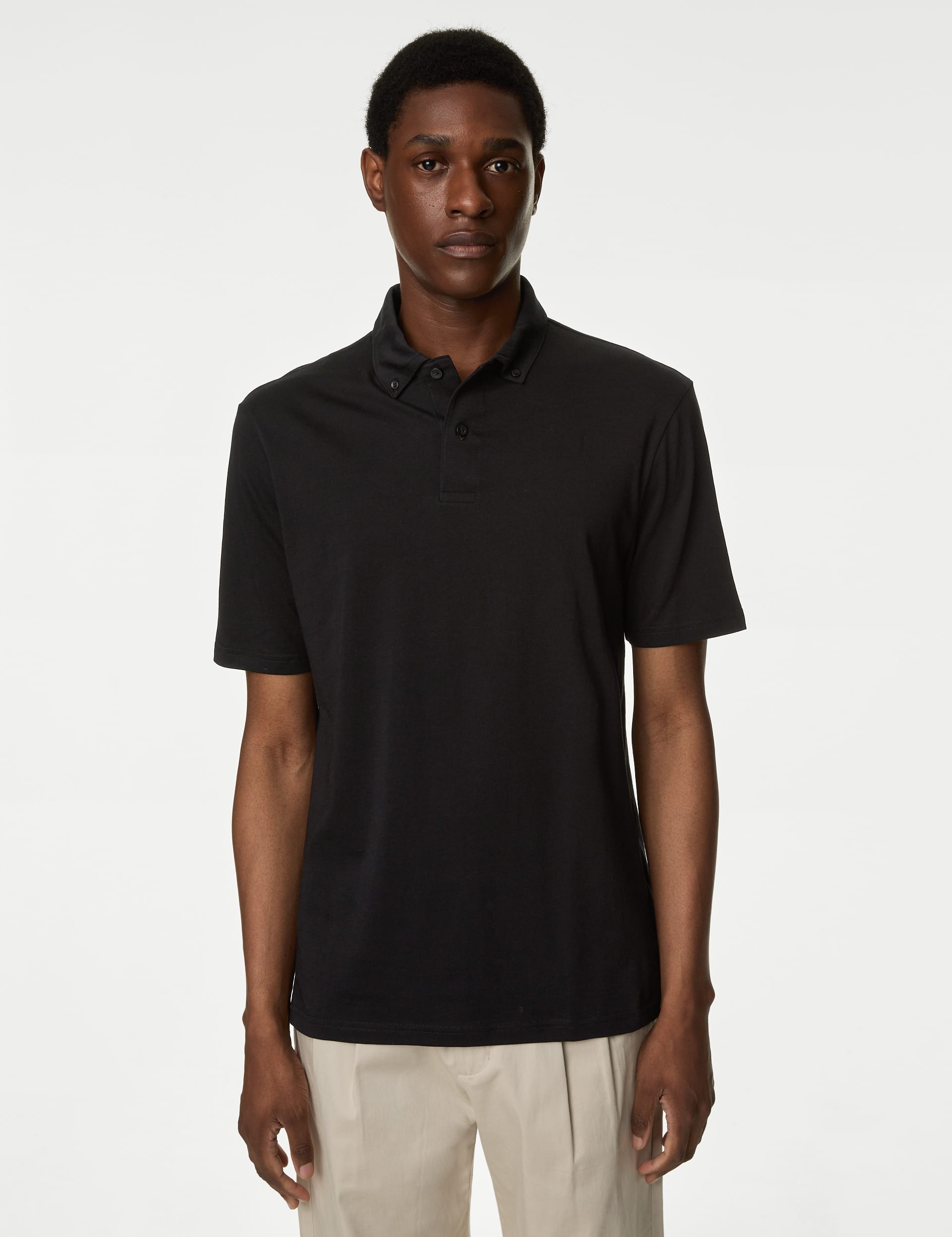 M&S Collection Men's Pure Cotton Jersey Polo Shirt - LREG - Black, Light Airforce,Black,Navy,White