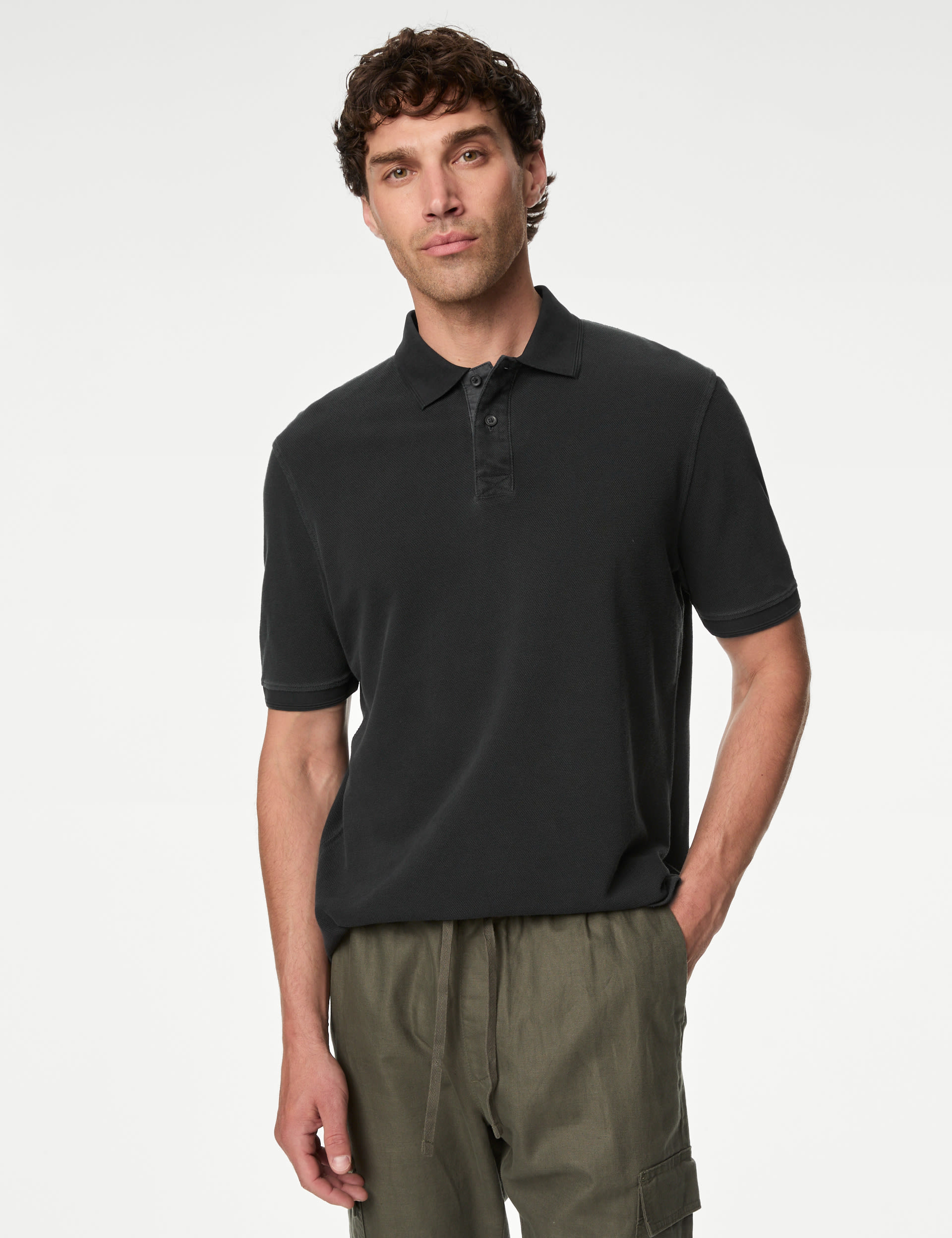 M&S Collection Men's Pure Cotton Polo Shirt - XLREG - Black, Silver Grey,Black,Twilight,Claret,Dark 