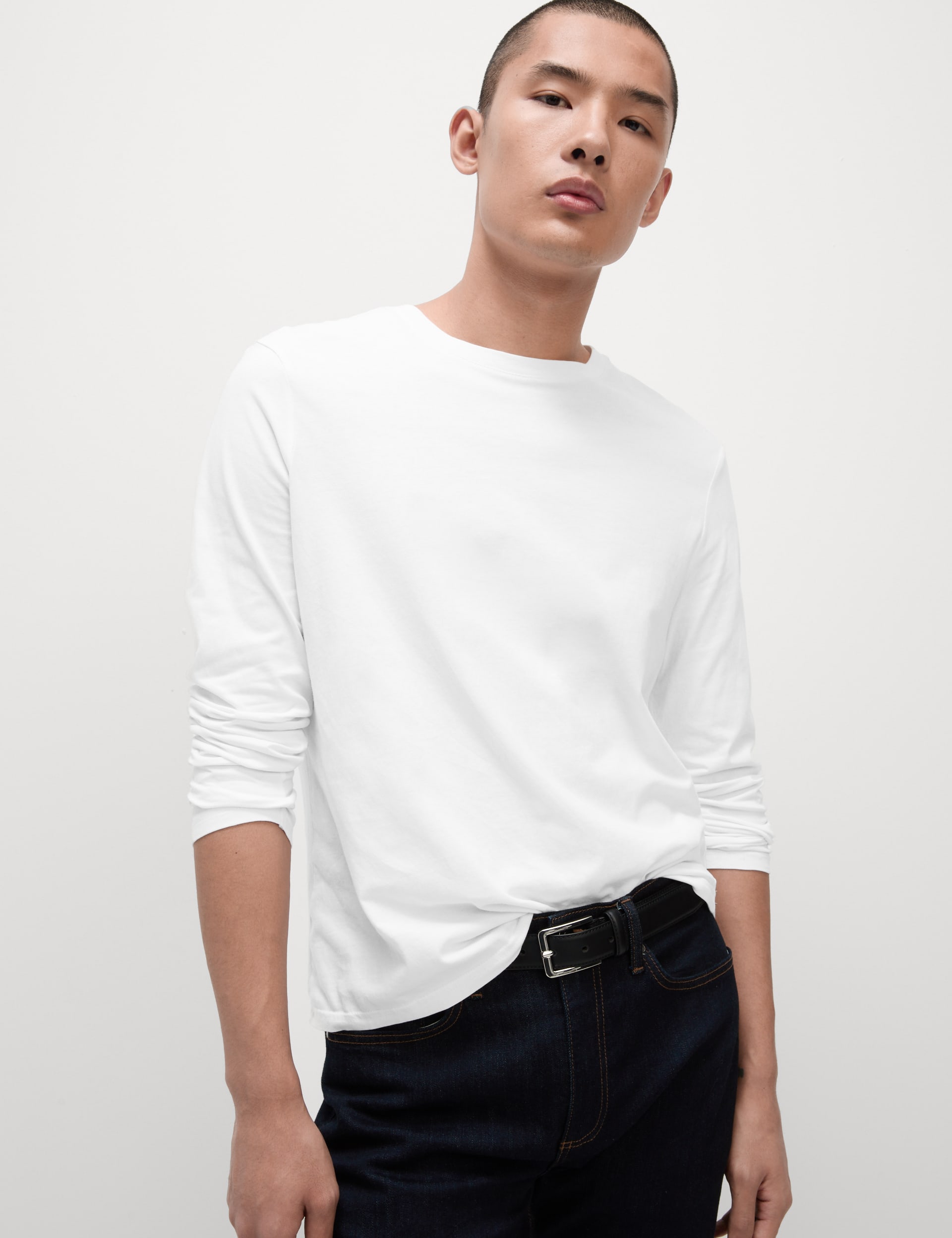 M&S Collection Men's Pure Cotton Long Sleeve T-Shirt - XLREG - White, Dark Navy,Black,White,Blue,Mus