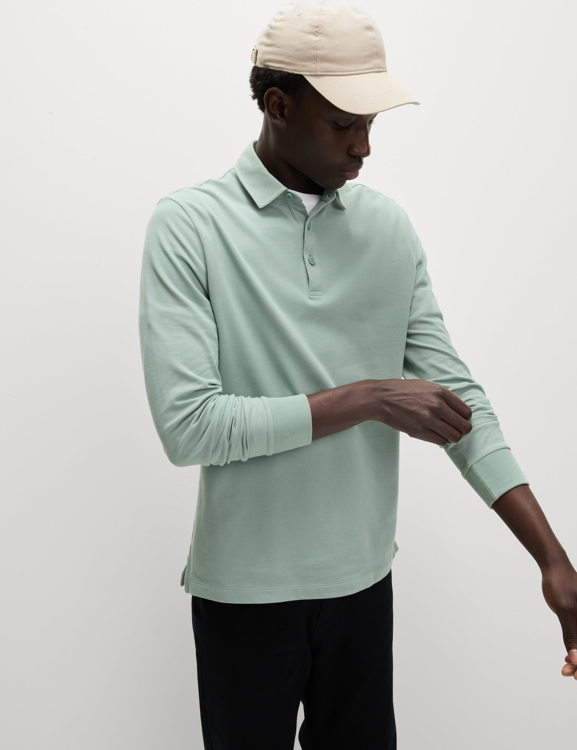 M&S Collection Men's Pure Cotton Long Sleeve Polo Shirt - XXXLREG - Washed Green, Washed Green,Dark 