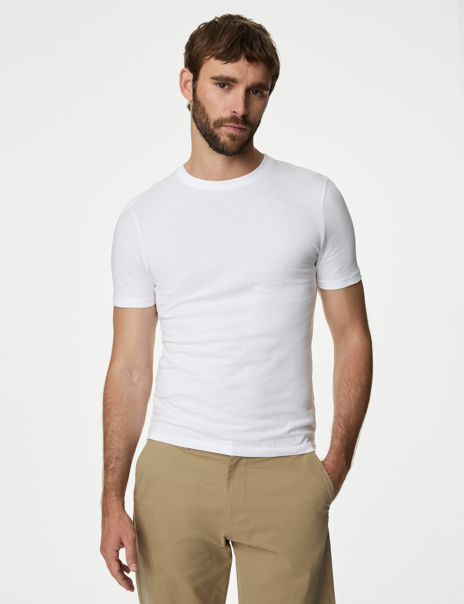 M&S Collection Men's 3pk Slim Fit Pure Cotton Crew Neck T-Shirts - XLREG - White Mix, White Mix,Navy