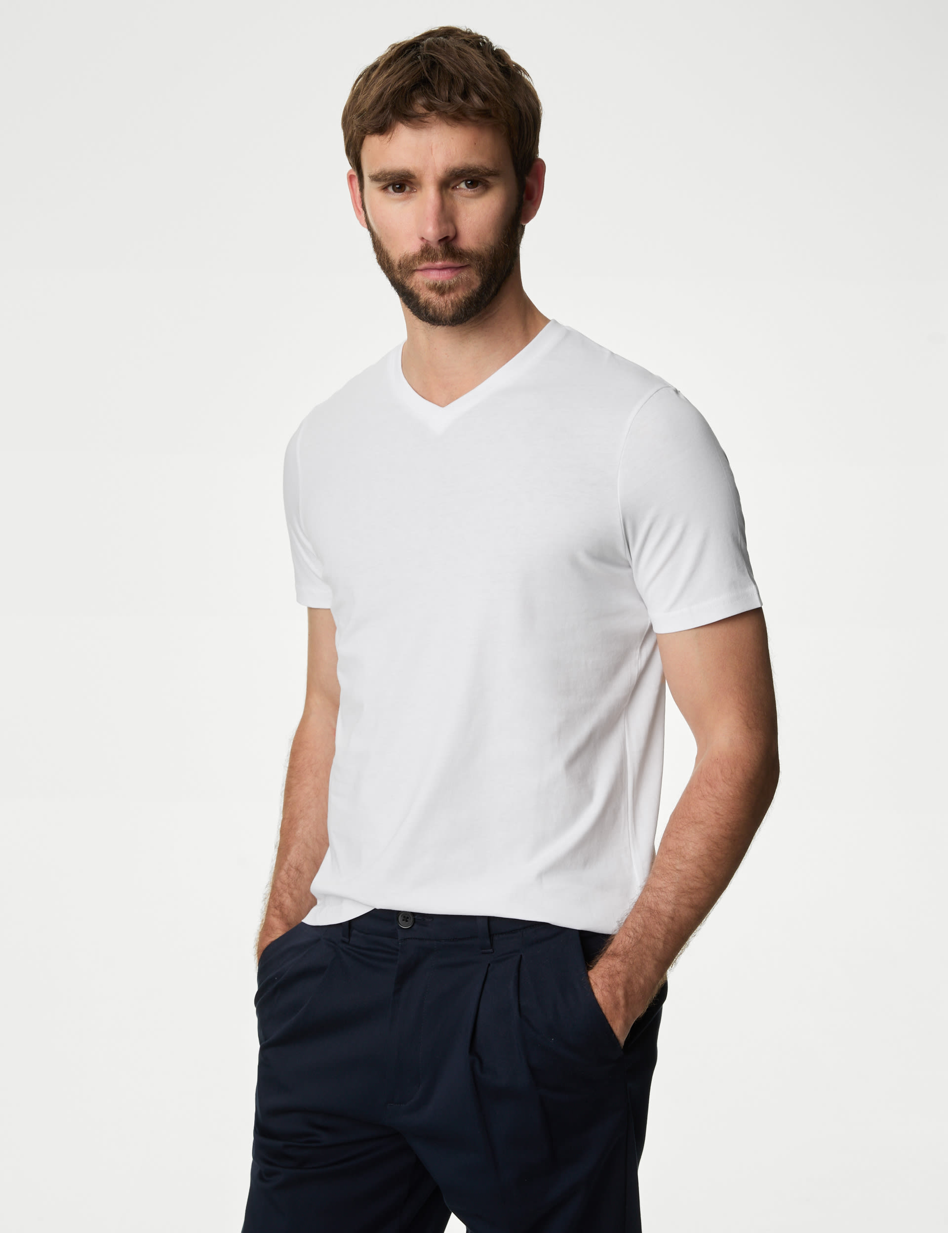 M&S Collection Men's 3pk Pure Cotton V-Neck T-Shirts - SREG - White, White,Navy Mix