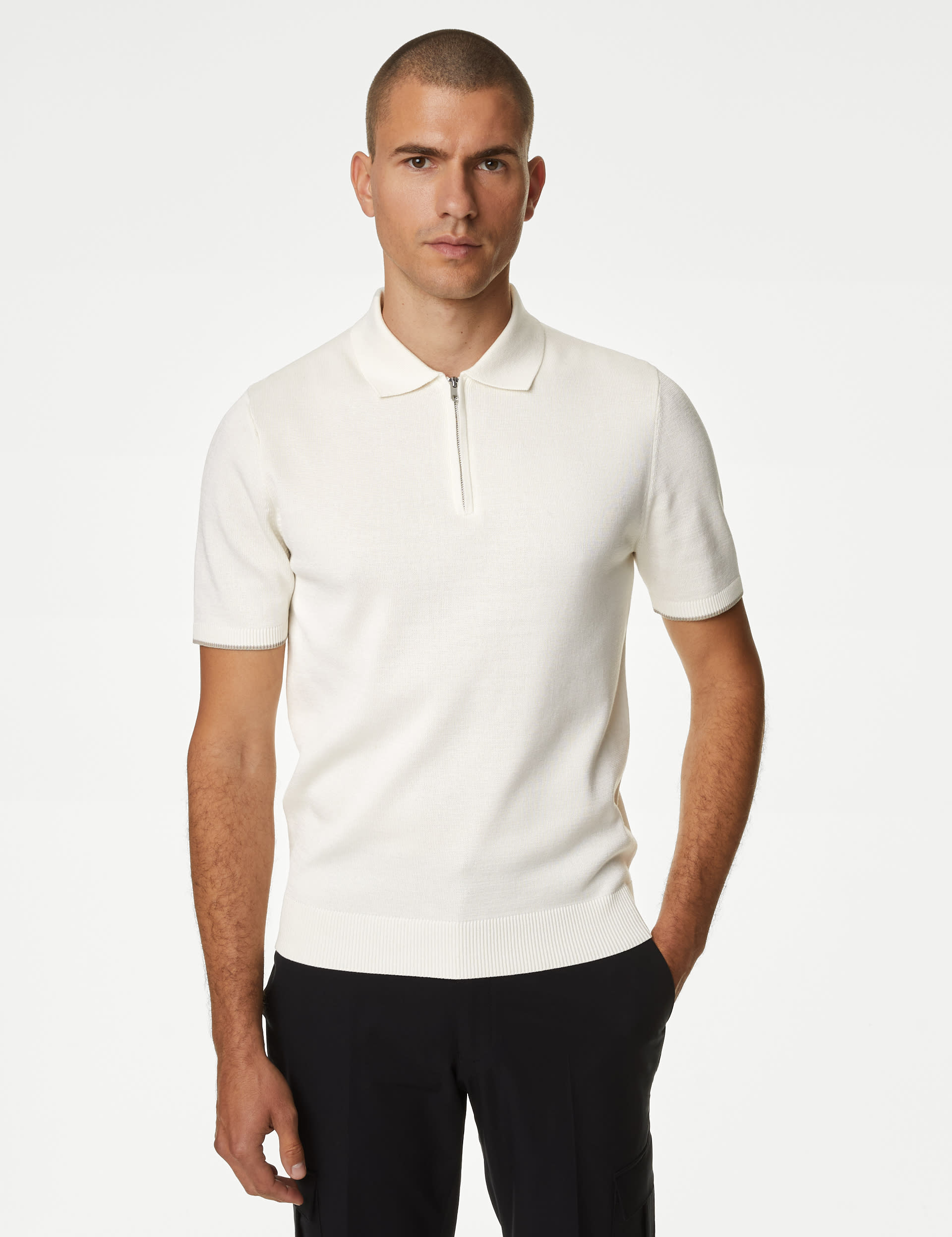 M&S X England Collection Men's Pure Cotton Zip Up Knitted Polo Shirt - MREG - Ivory, Ivory