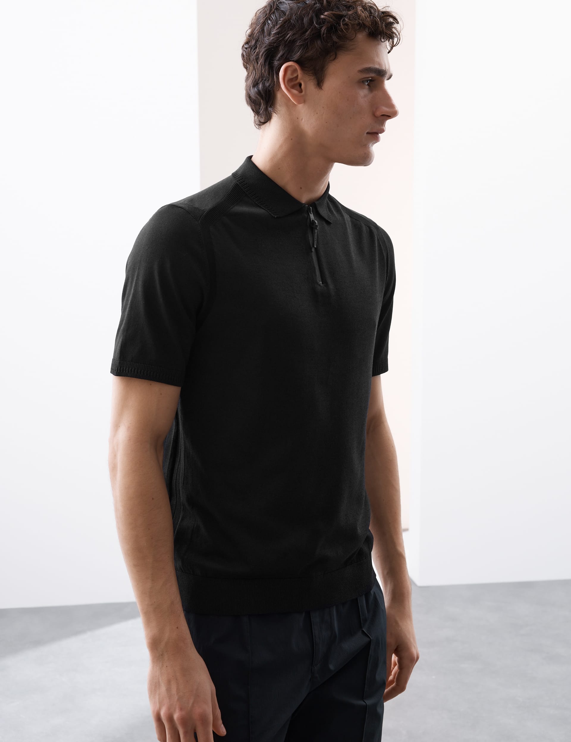 Autograph Men's Performance Zip Up Knitted Polo Shirt - MREG - Black, Black,White