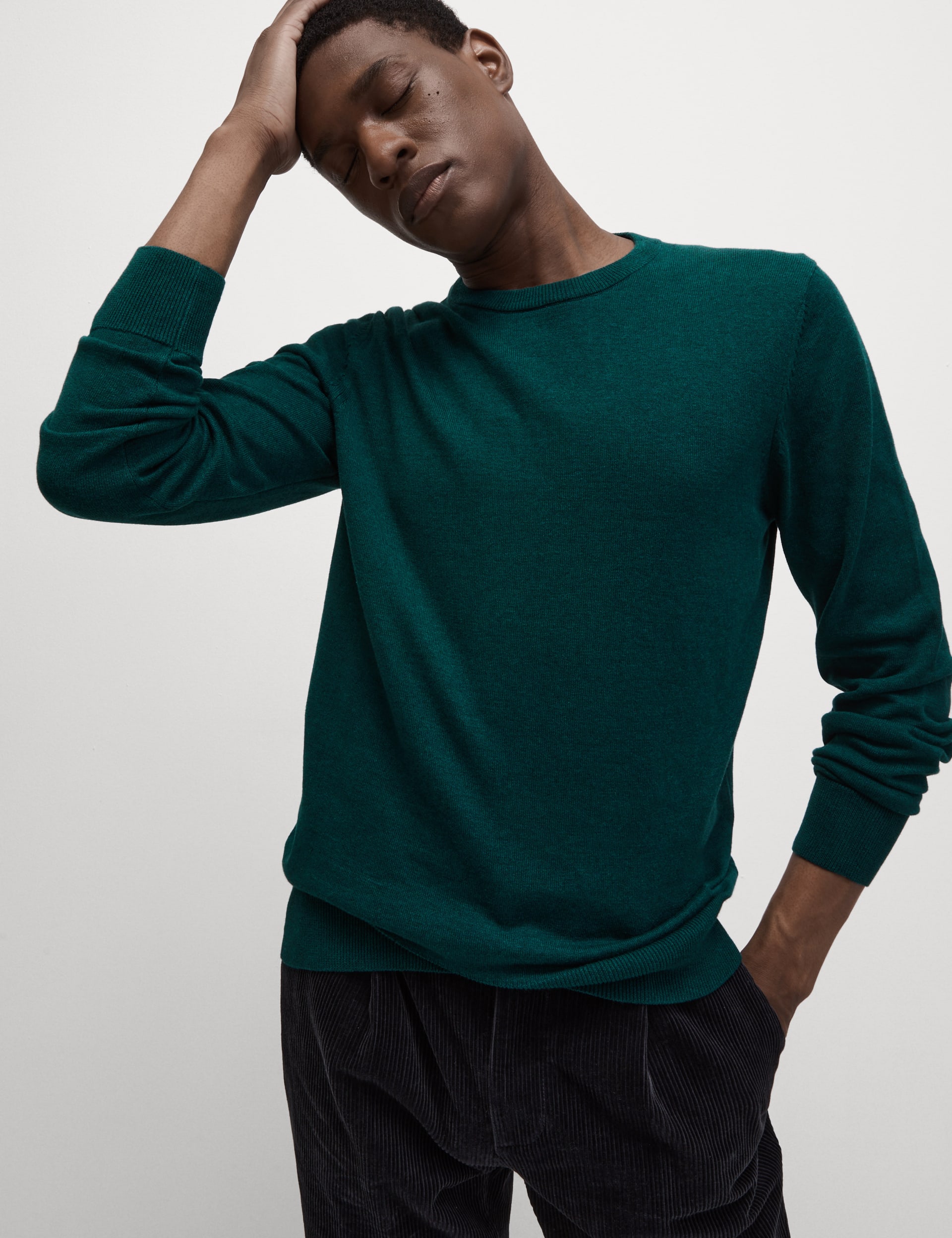 M&S Collection Men's Pure Cotton Crew Neck Jumper - LREG - Evergreen, Black,Navy,Evergreen,Medium Br