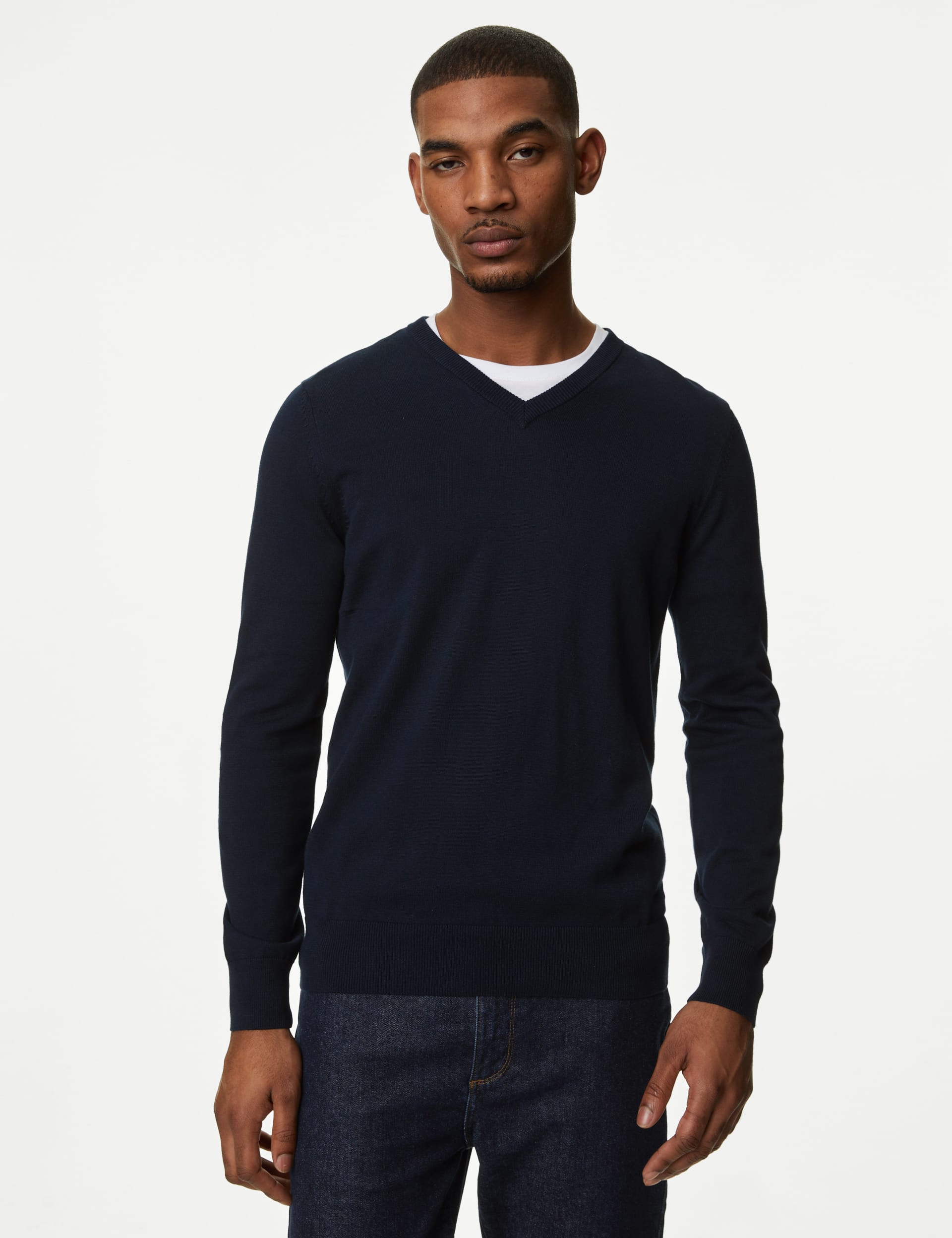 M&S Collection Men's Pure Cotton V-Neck Knitted Jumper - LREG - Navy, Hunter Green,Navy,Black,Dark P