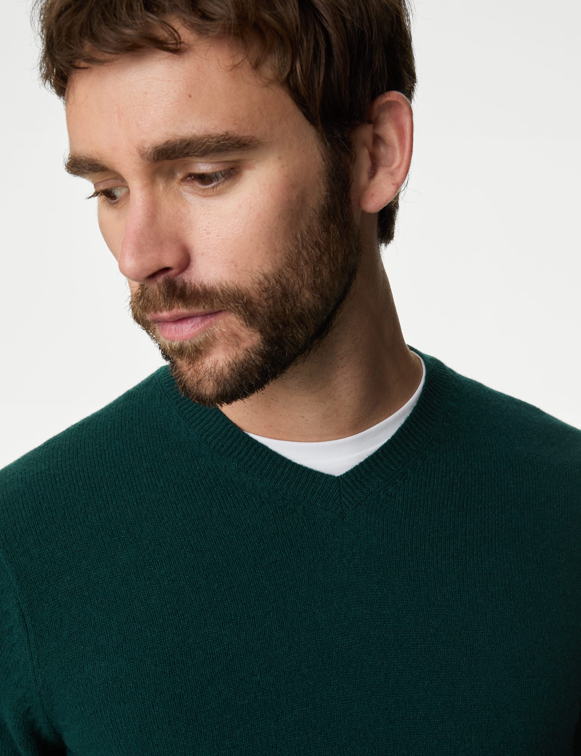 M&S Collection Men's Pure Extra Fine Lamsbwool V-Neck Jumper - LREG - Evergreen, Charcoal,Neutral,Da