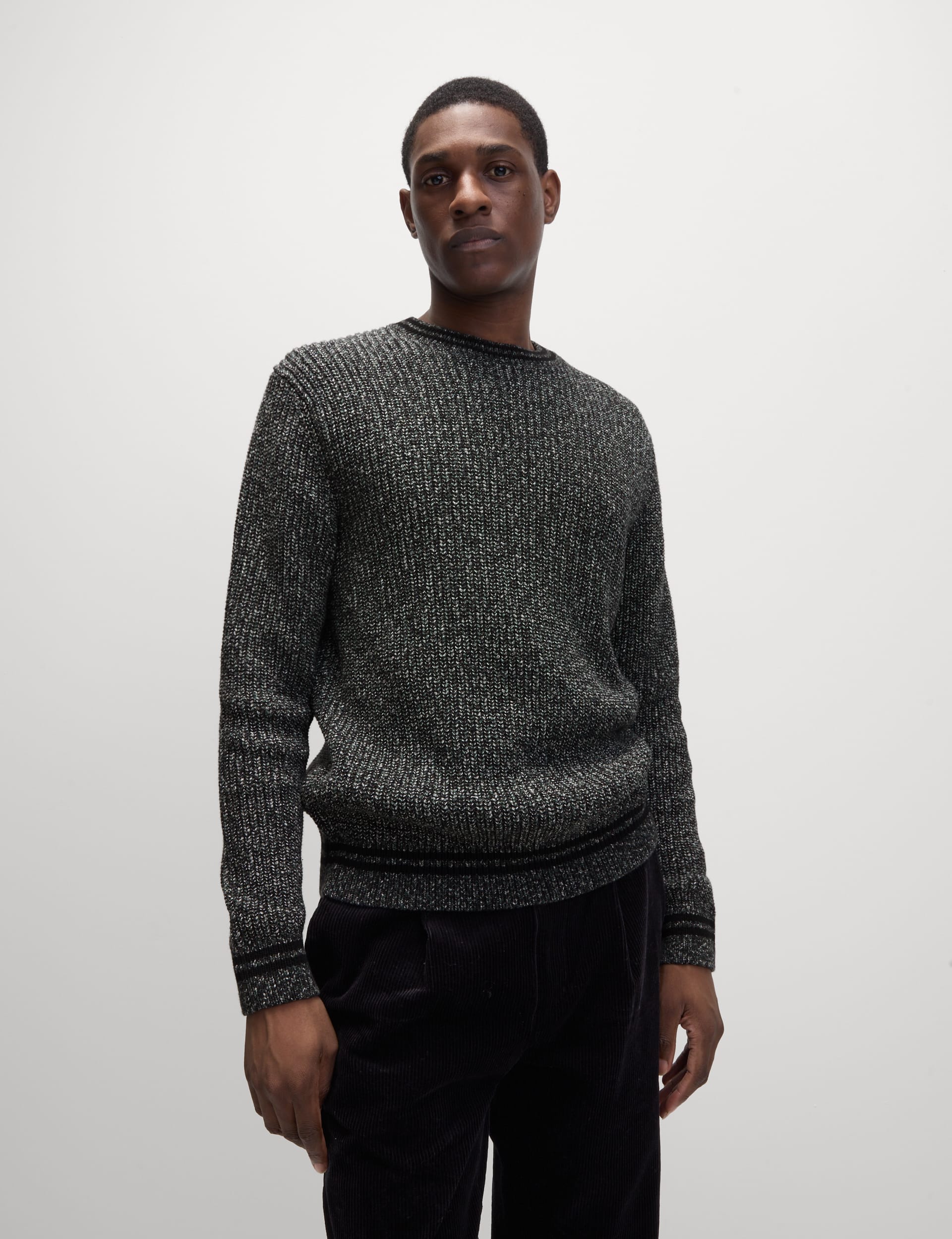 M&S Collection Men's Pure Cotton Twist Crew Neck Jumper - LREG - Black Mix, Green Mix,Black Mix